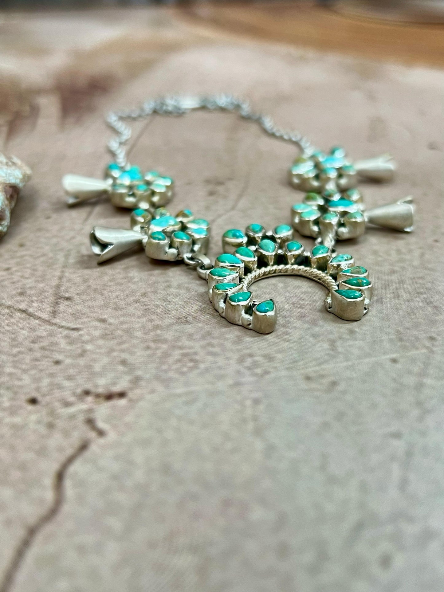 Handmade Sterling Silver Kingman Turquoise Squash Blossom Necklace with Signed Nizhoni