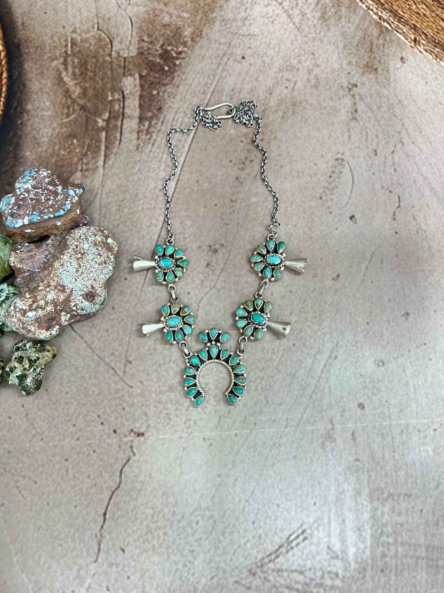 Handmade Sterling Silver Kingman Turquoise Squash Blossom Necklace with Signed Nizhoni