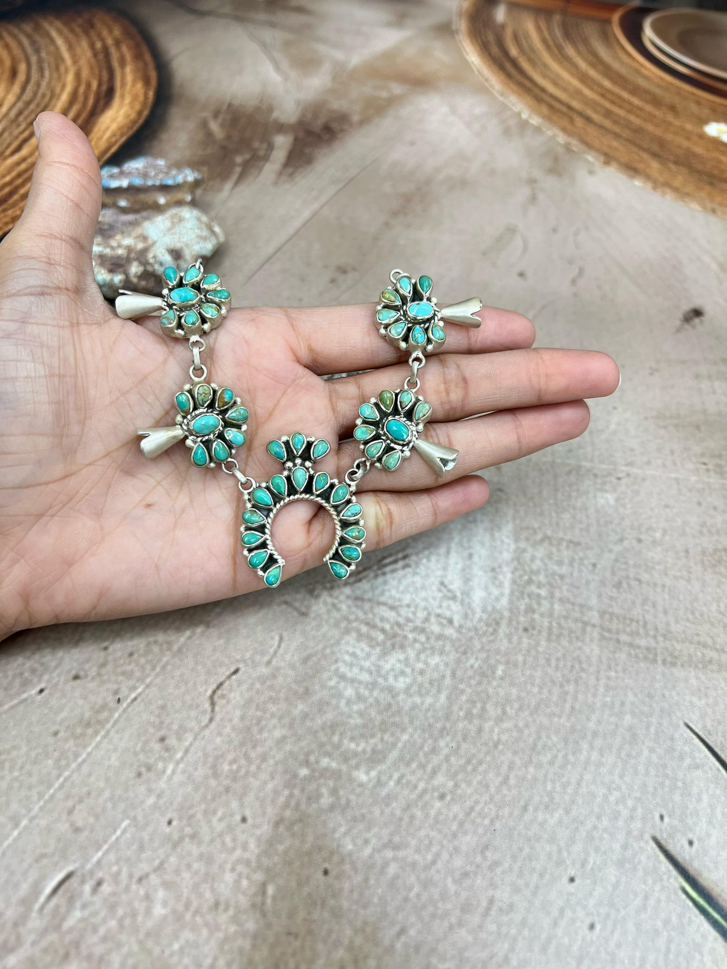 Handmade Sterling Silver Kingman Turquoise Squash Blossom Necklace with Signed Nizhoni