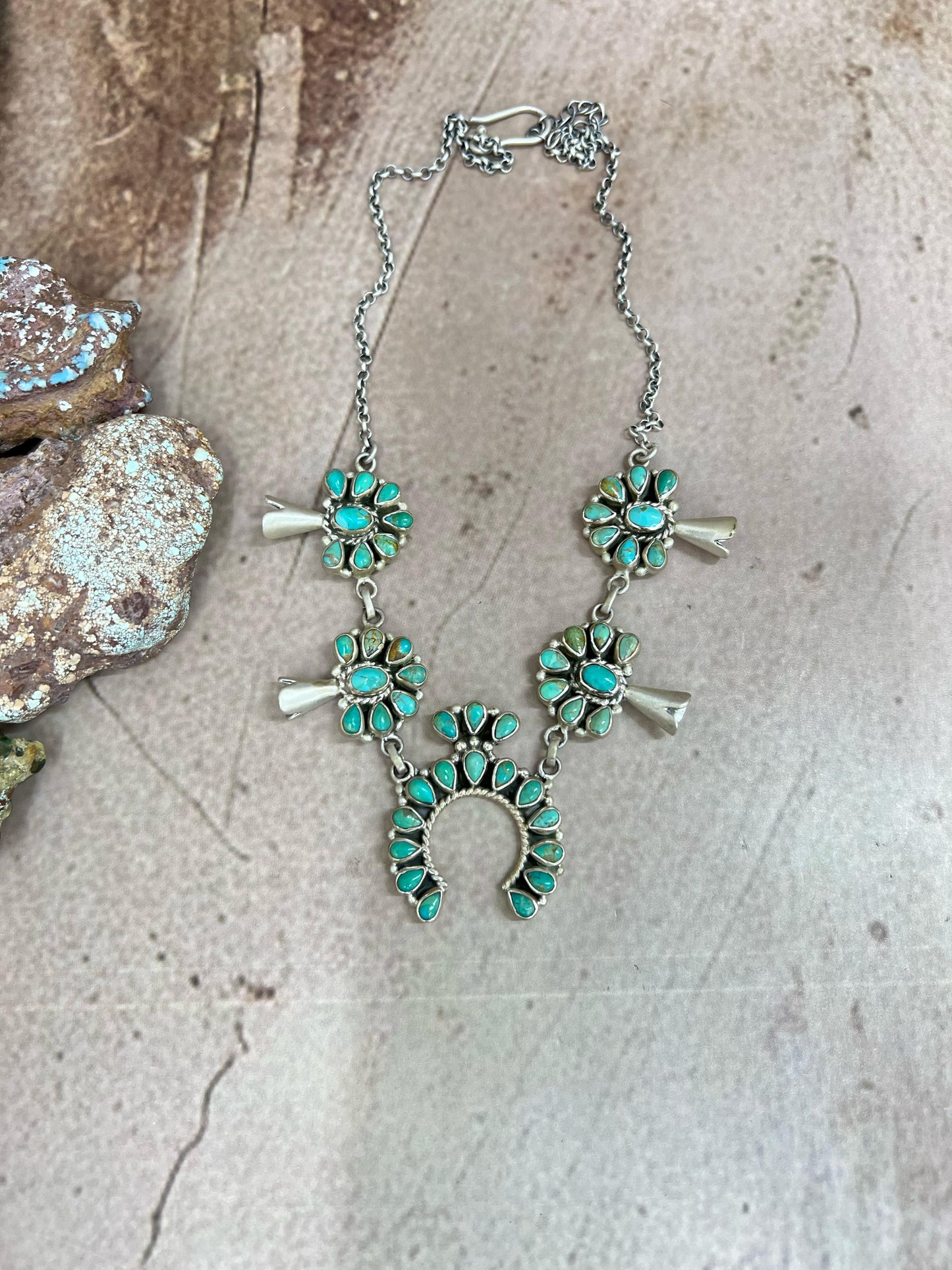 Handmade Sterling Silver Kingman Turquoise Squash Blossom Necklace with Signed Nizhoni