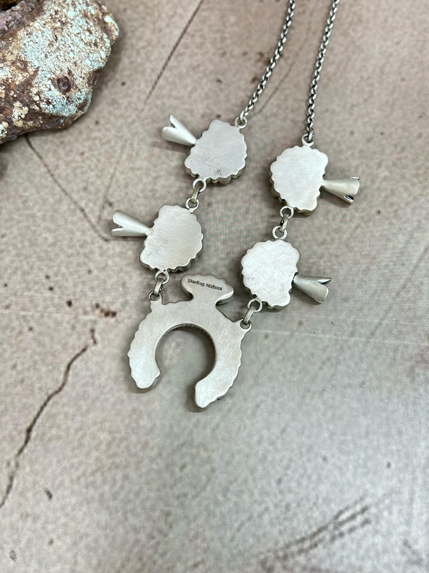 Handmade Sterling Silver Kingman Turquoise Squash Blossom Necklace with Signed Nizhoni