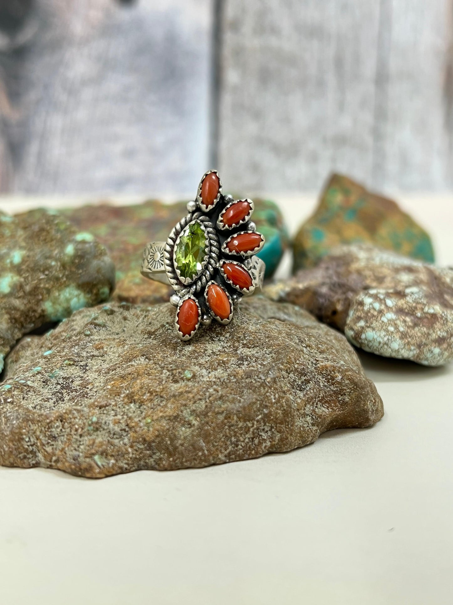 Christmas Collection Handmade Sterling Silver Coral with Peridot Adjustable Ring with Signed Nizhoni
