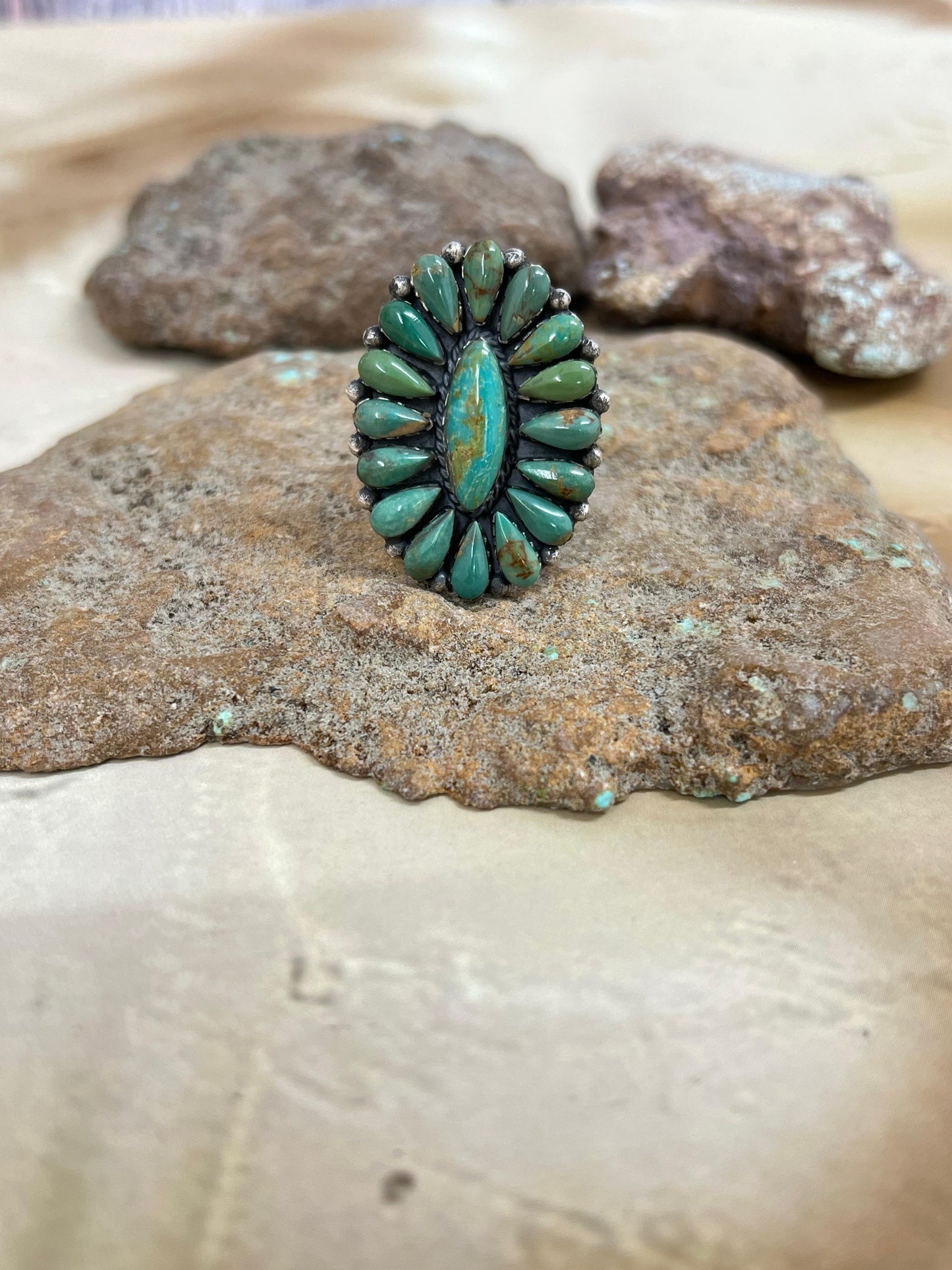 Handmade Sterling Silver Royston Turquoise Adjustable Ring with Signed Nizhoni