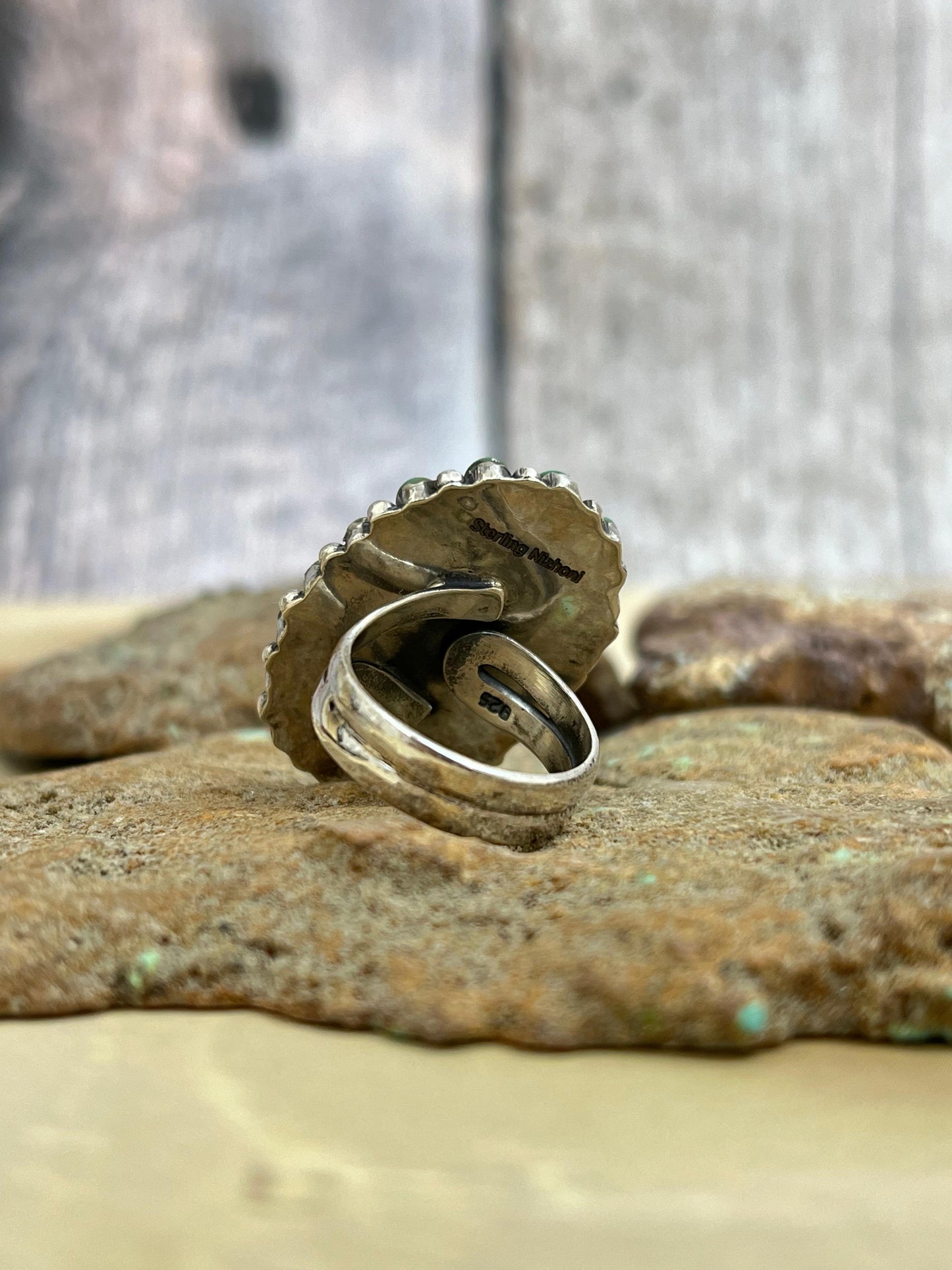 Handmade Sterling Silver Royston Turquoise Adjustable Ring with Signed Nizhoni
