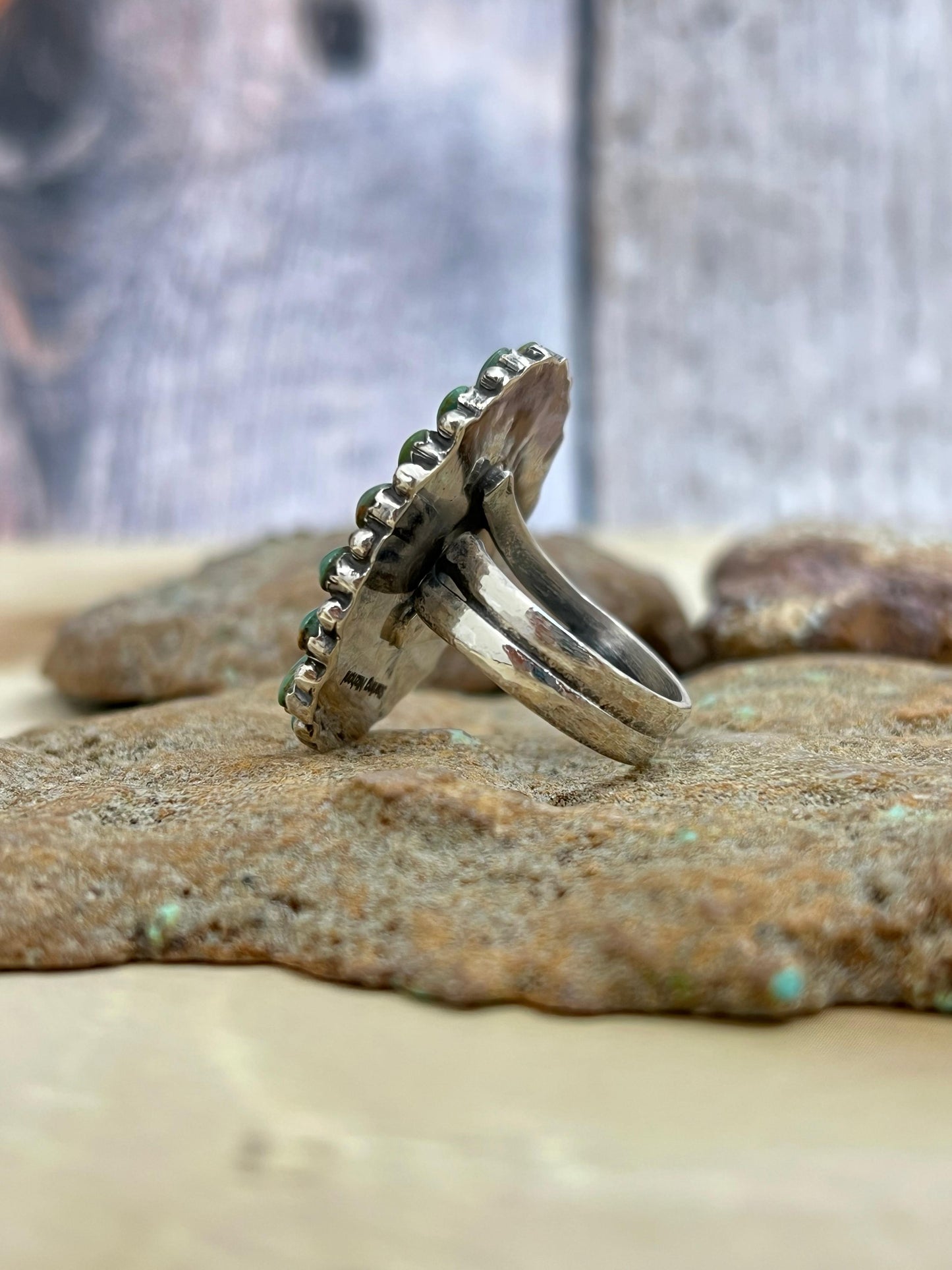 Handmade Sterling Silver Royston Turquoise Adjustable Ring with Signed Nizhoni