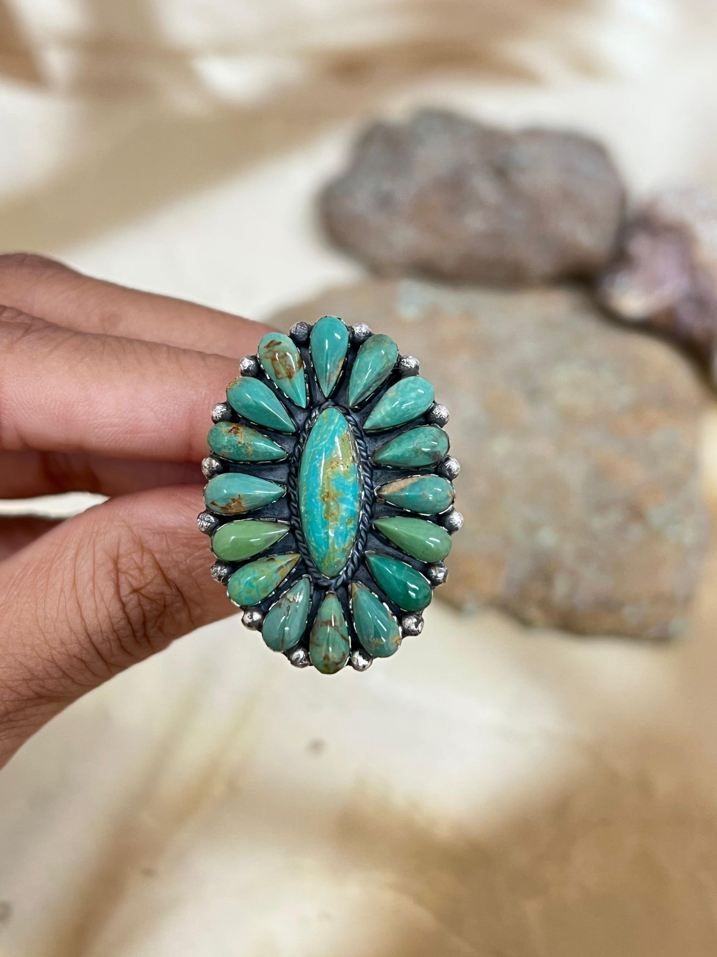 Handmade Sterling Silver Royston Turquoise Adjustable Ring with Signed Nizhoni