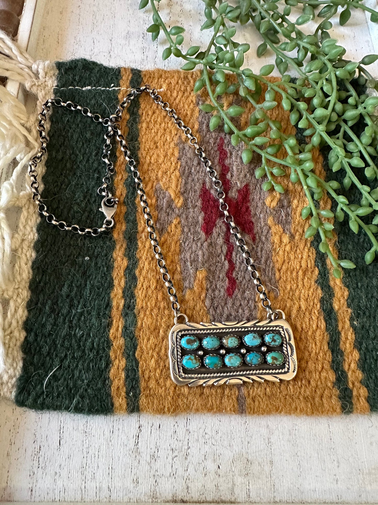 Navajo Sterling Silver & Double Row Turquoise Bar Necklace Signed E. Richards