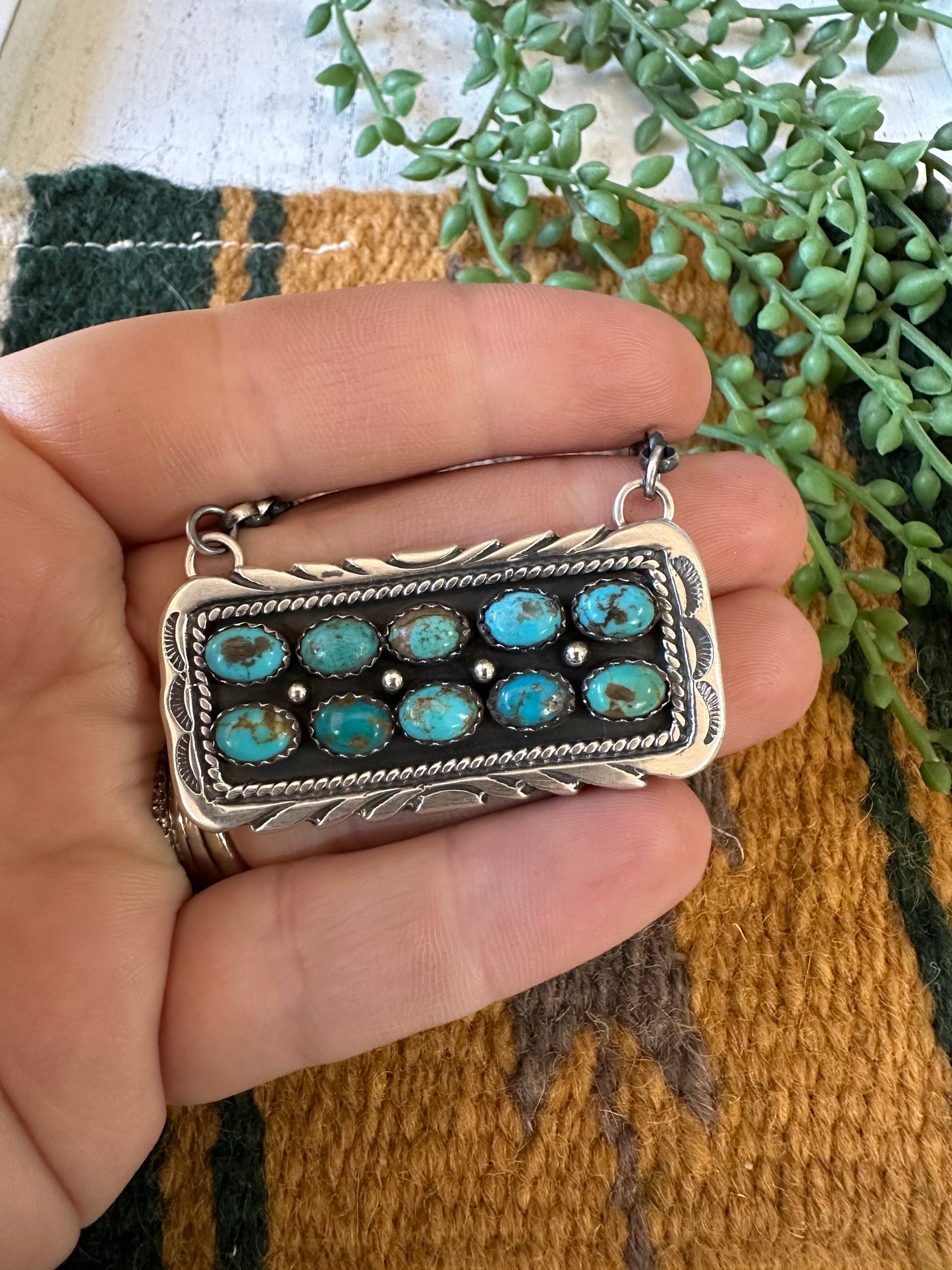 Navajo Sterling Silver & Double Row Turquoise Bar Necklace Signed E. Richards