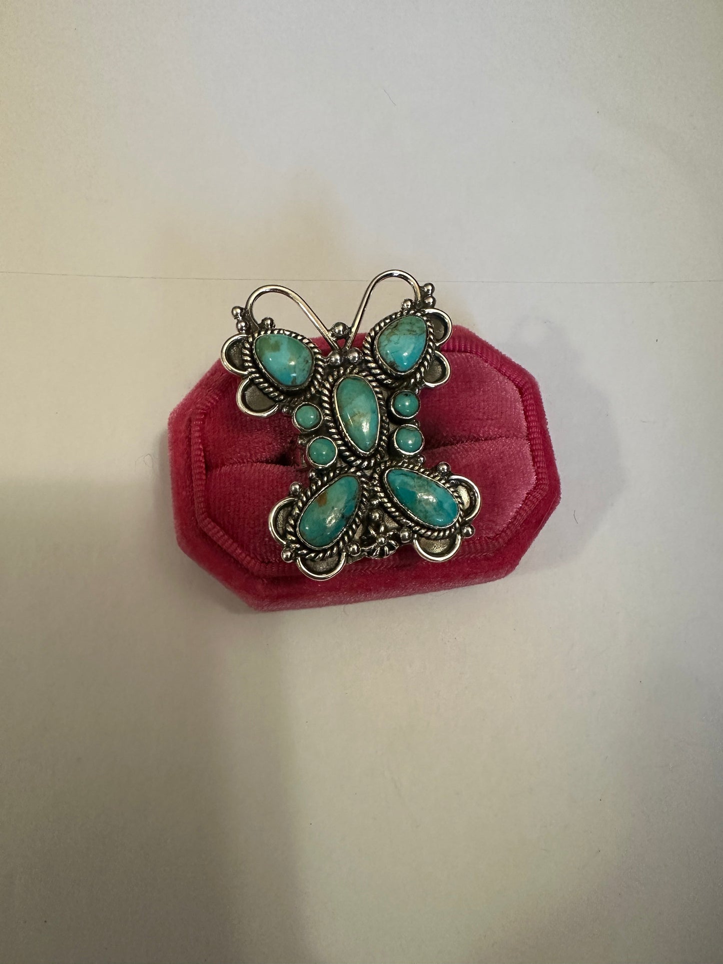 Handmade Turquoise & Sterling Silver Adjustable Butterfly Ring Signed Nizhoni