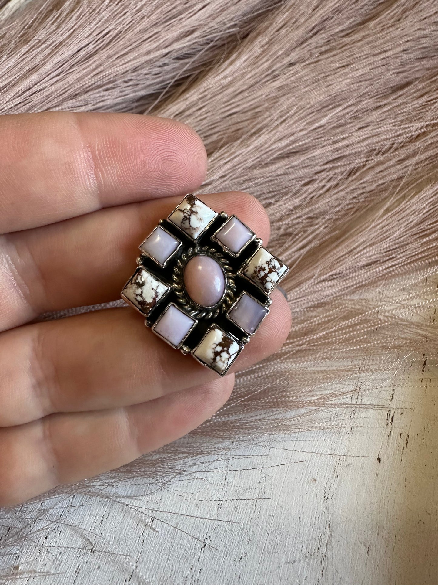 Handmade Wild Horse, Pink Conch & Sterling Silver Adjustable Ring Signed Nizhoni