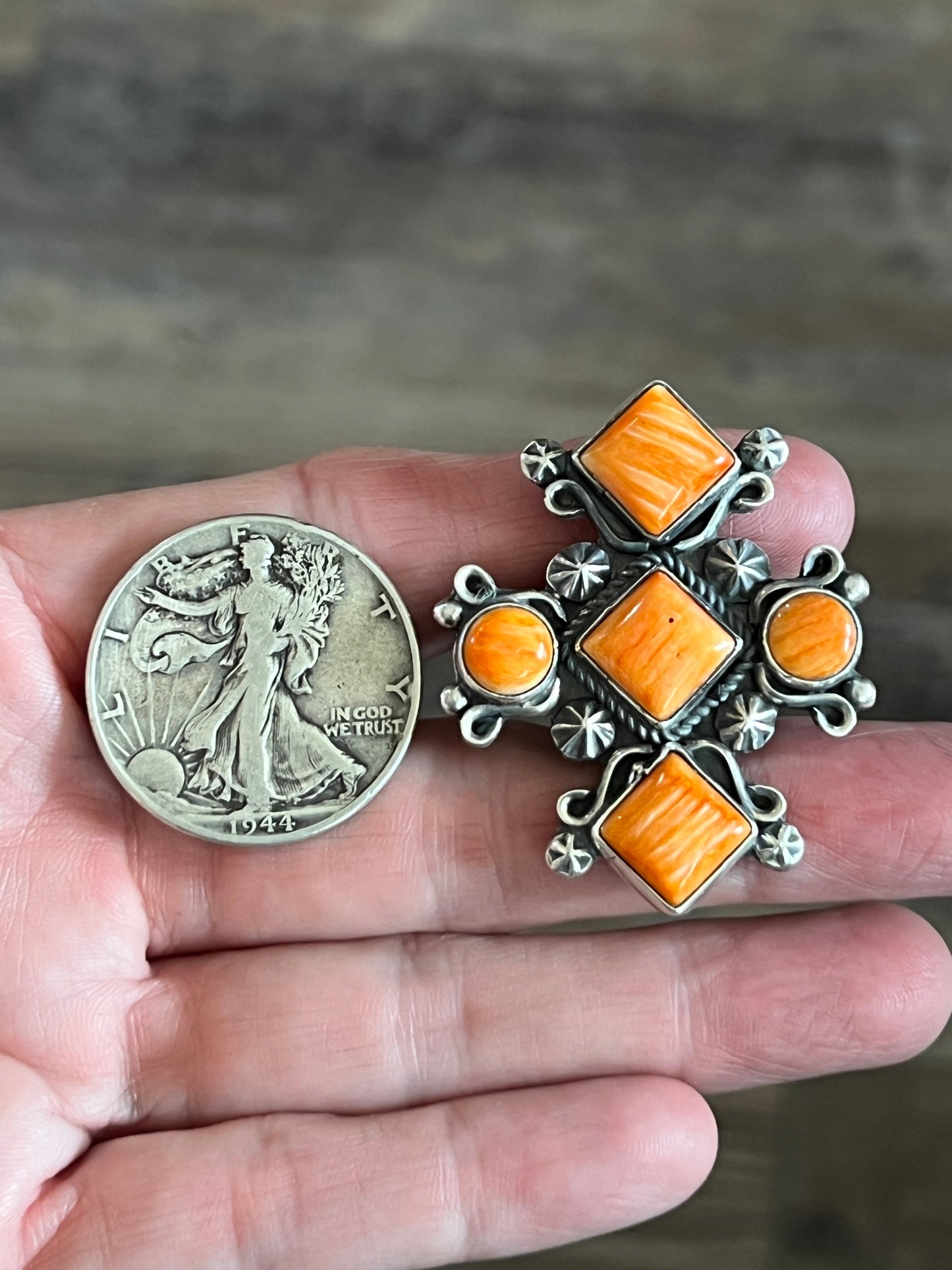 Apache Sterling Silver and Orange Spiny Oyster Shell Intuition Ring, Size 8