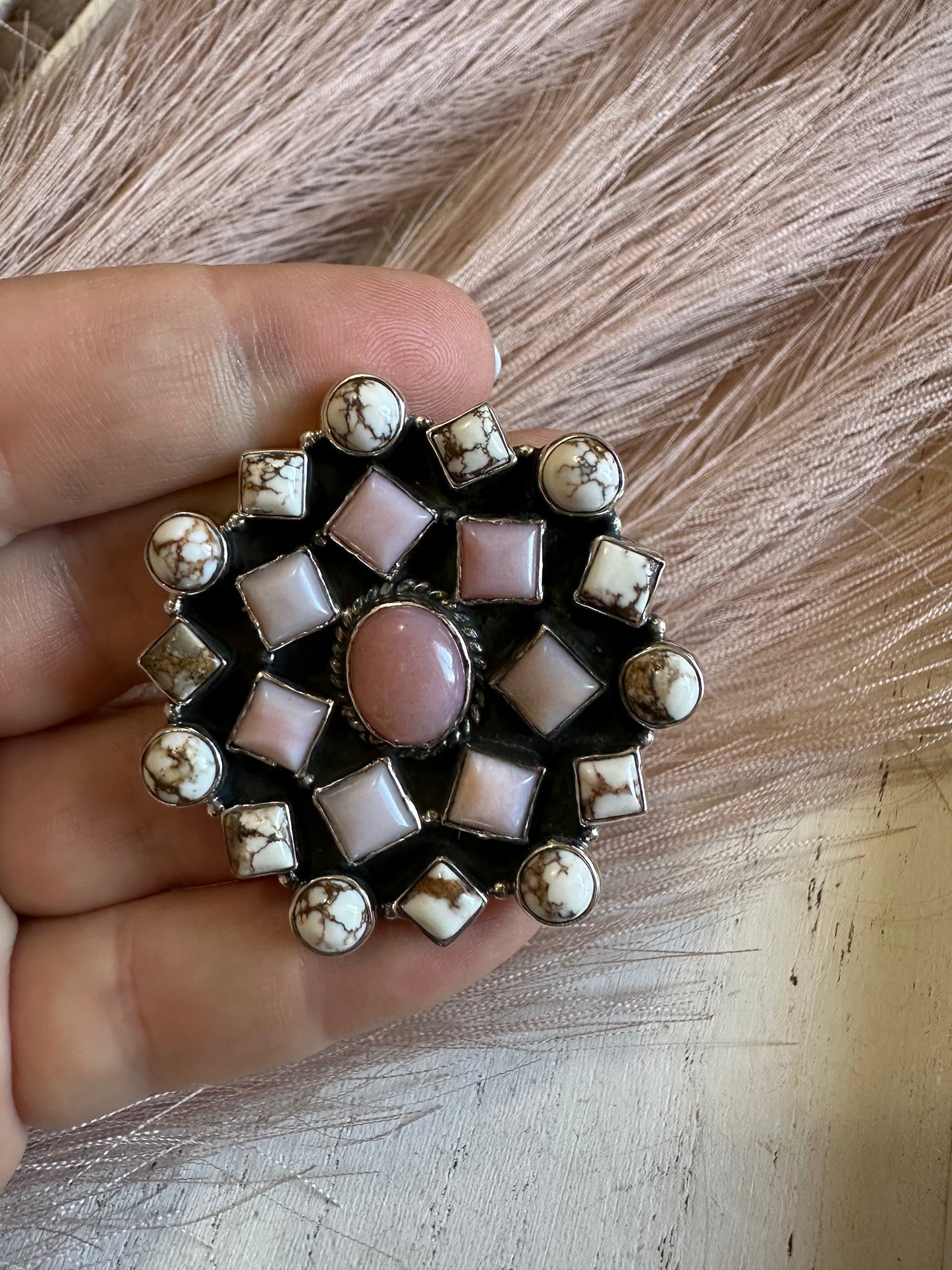 Handmade Wild Horse, Pink Conch & Sterling Silver Adjustable Ring Signed Nizhoni