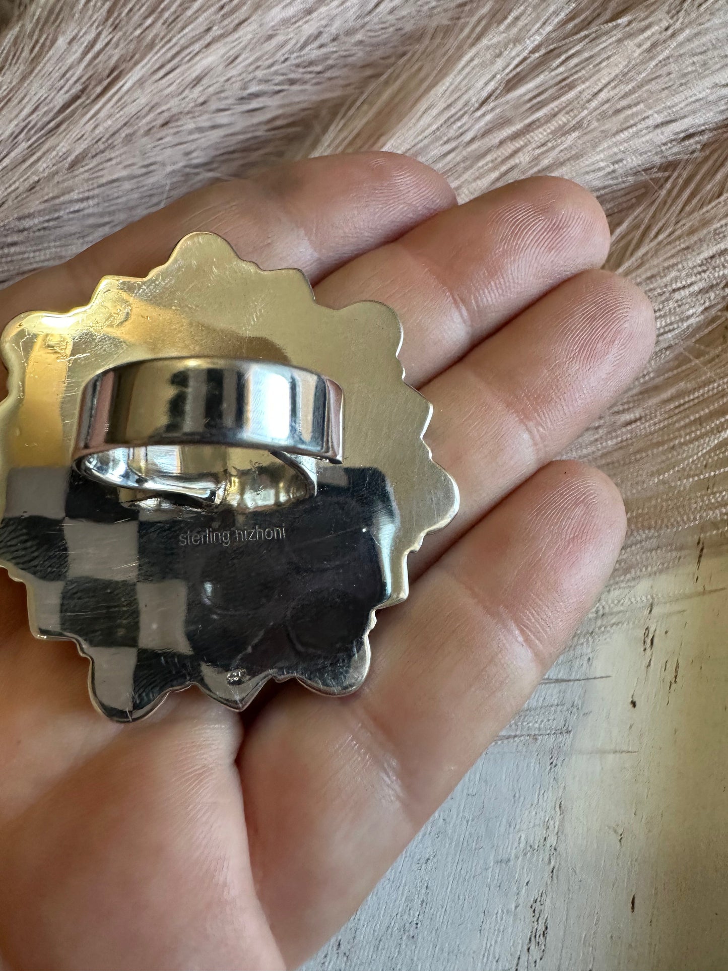 Handmade Wild Horse, Pink Conch & Sterling Silver Adjustable Ring Signed Nizhoni