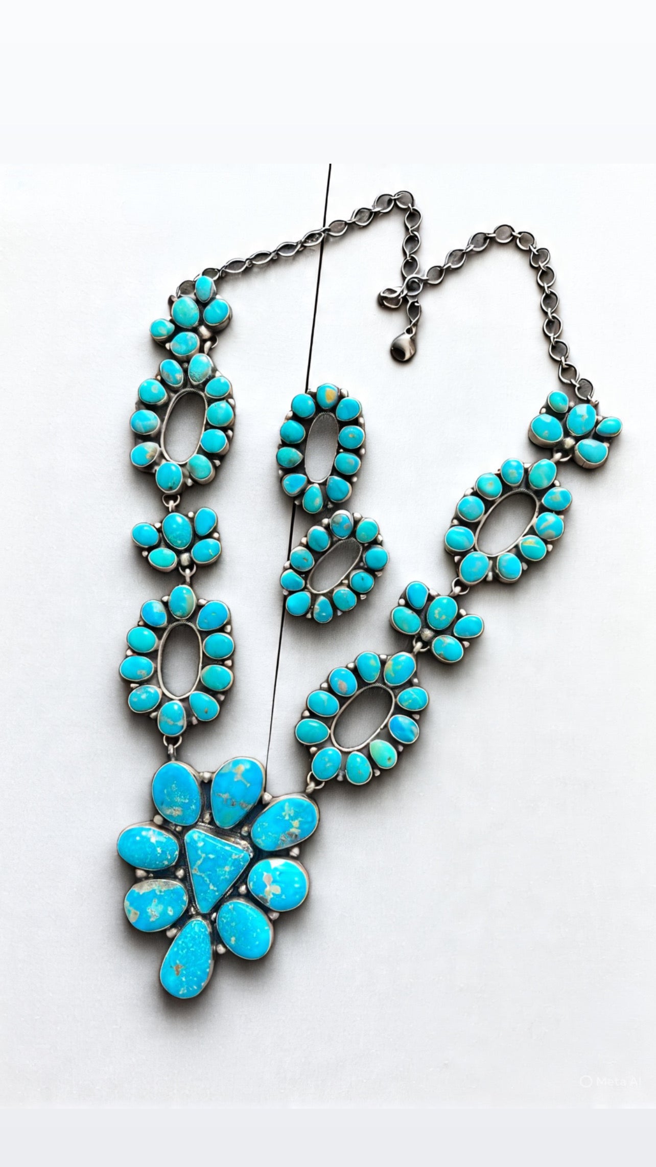 Navajo Sterling Silver and Whitewater Campitos Turquoise Cluster Necklace and Earring Set by Sheila Becenti