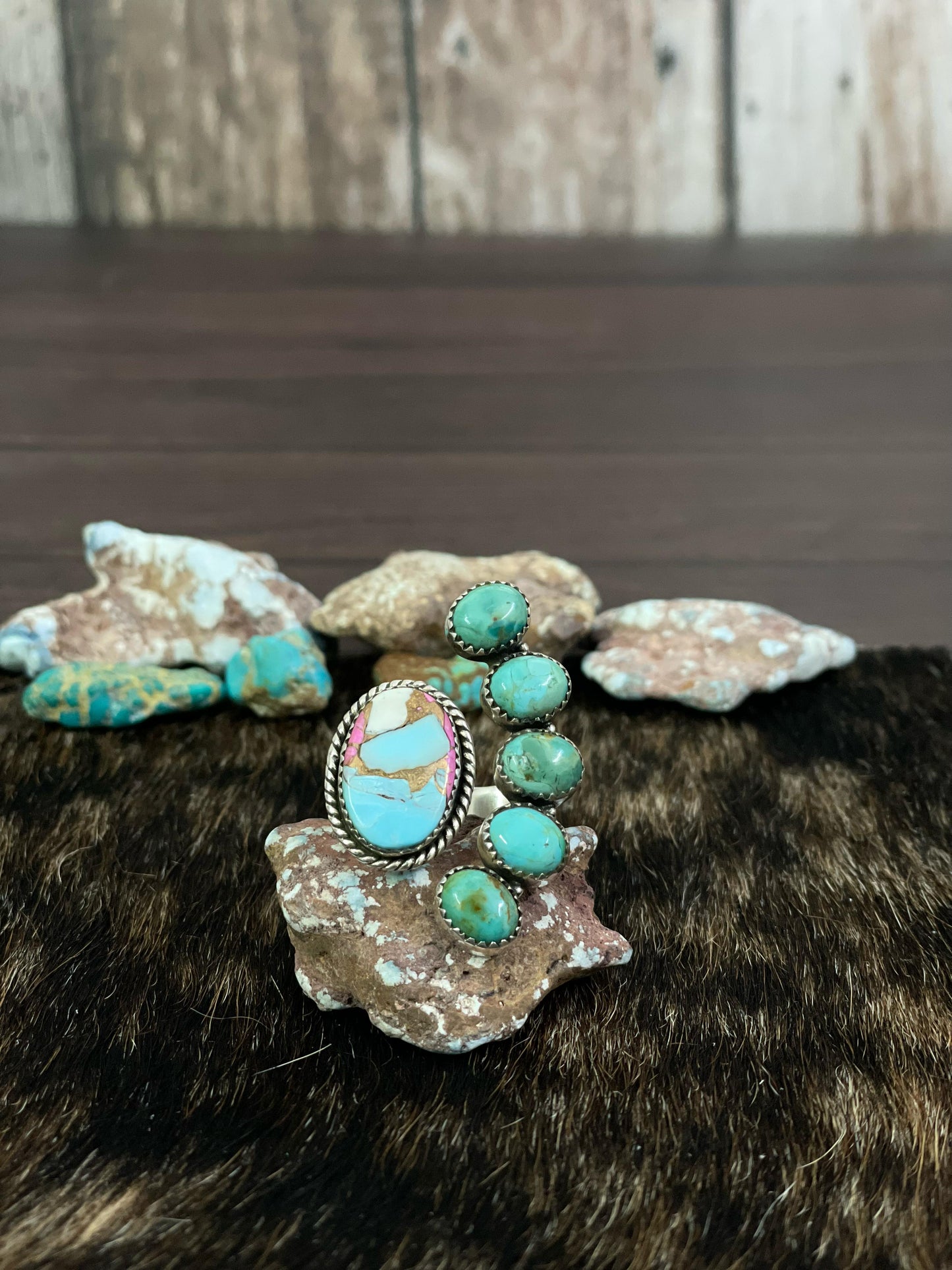 Handmade Sterling Silver Cotton Candy and Mojave Turquoise Adjustable Ring, Signed Nizhoni