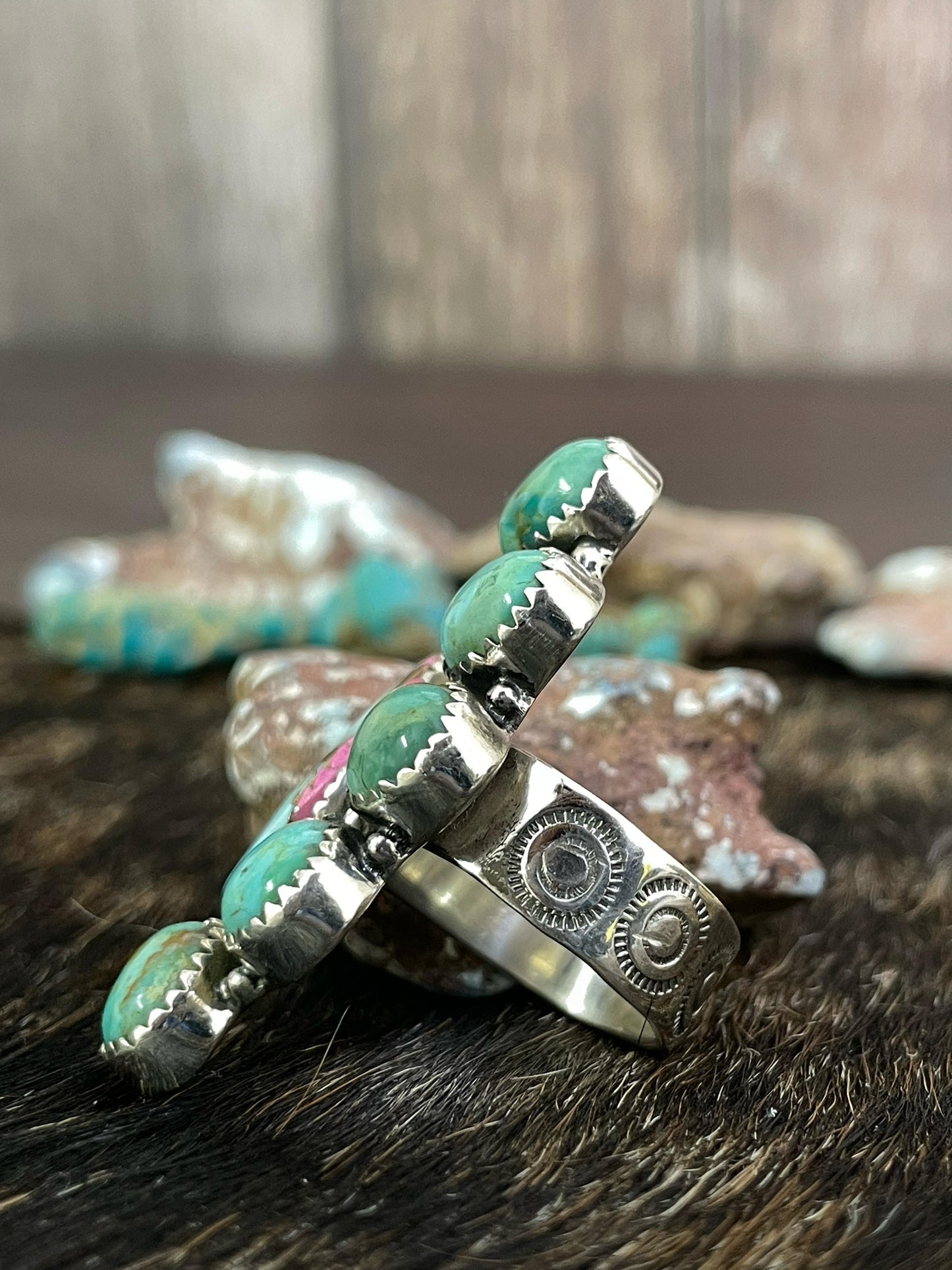 Handmade Sterling Silver Cotton Candy and Mojave Turquoise Adjustable Ring, Signed Nizhoni
