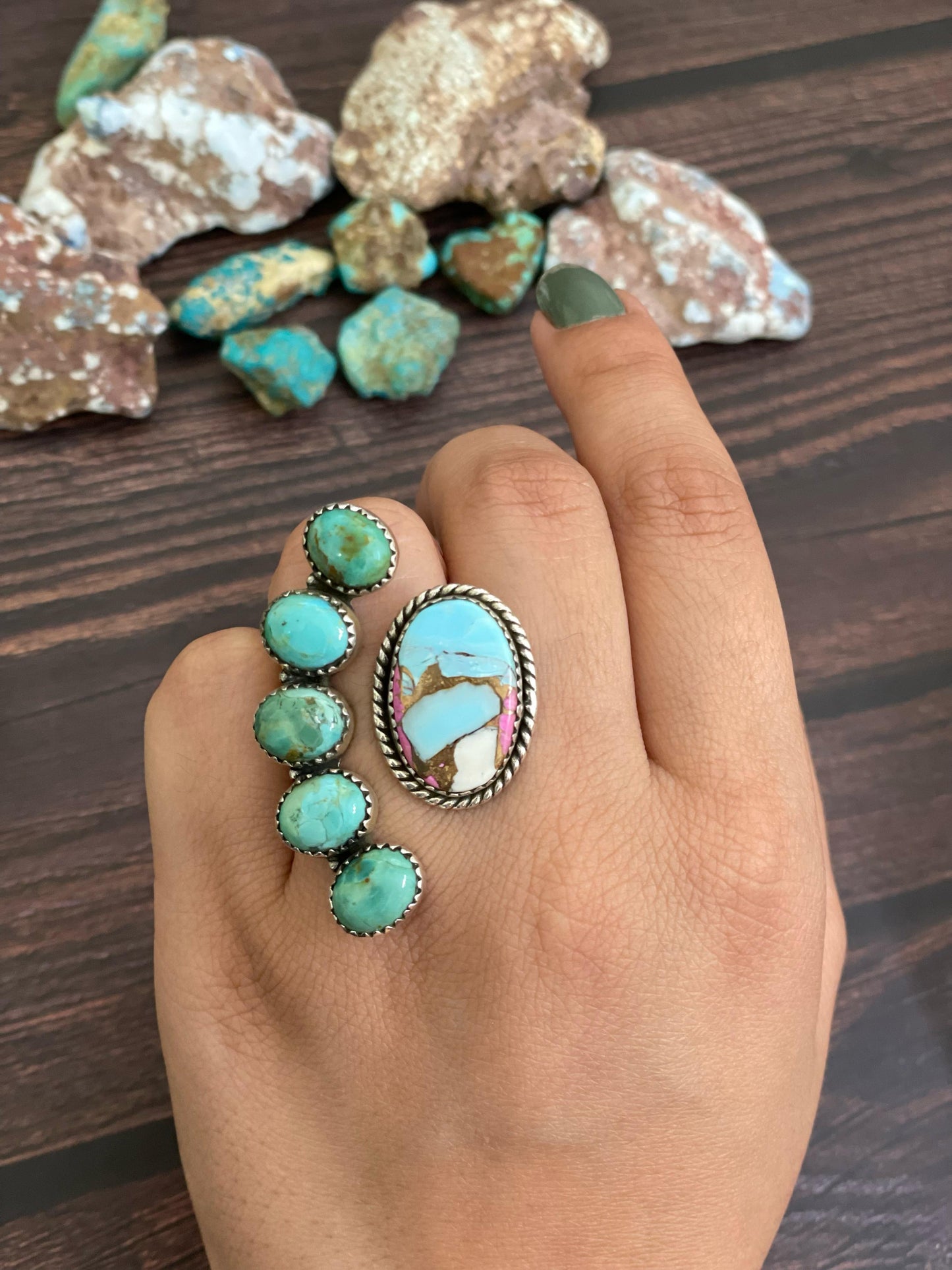 Handmade Sterling Silver Cotton Candy and Mojave Turquoise Adjustable Ring, Signed Nizhoni