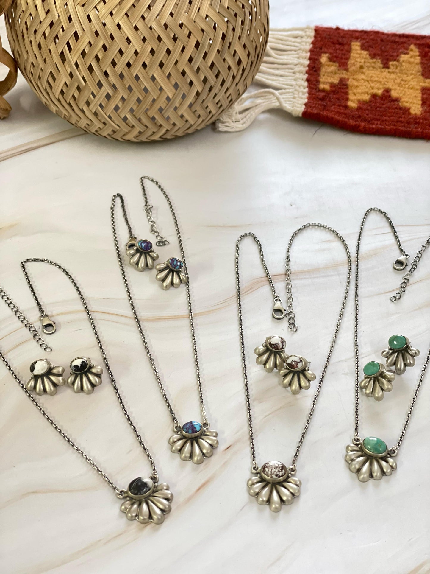 Handmade Sterling Silver kingman turquoise, Wild Horse, White Buffalo, Purple Mojave Turquoise Necklace Post Earring Set Signed Nizhoni