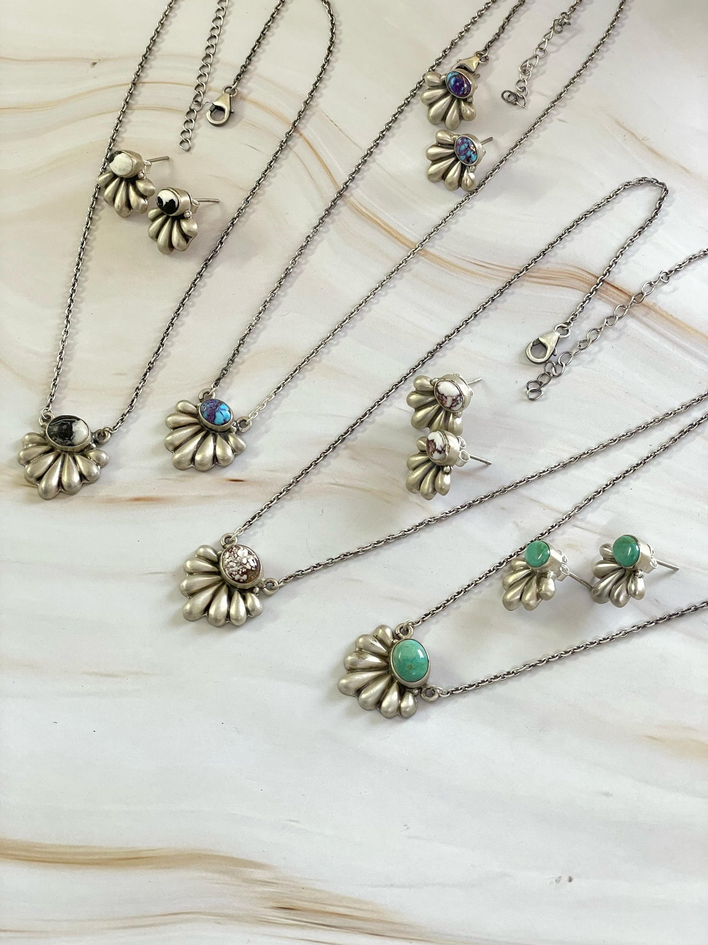 Handmade Sterling Silver kingman turquoise, Wild Horse, White Buffalo, Purple Mojave Turquoise Necklace Post Earring Set Signed Nizhoni