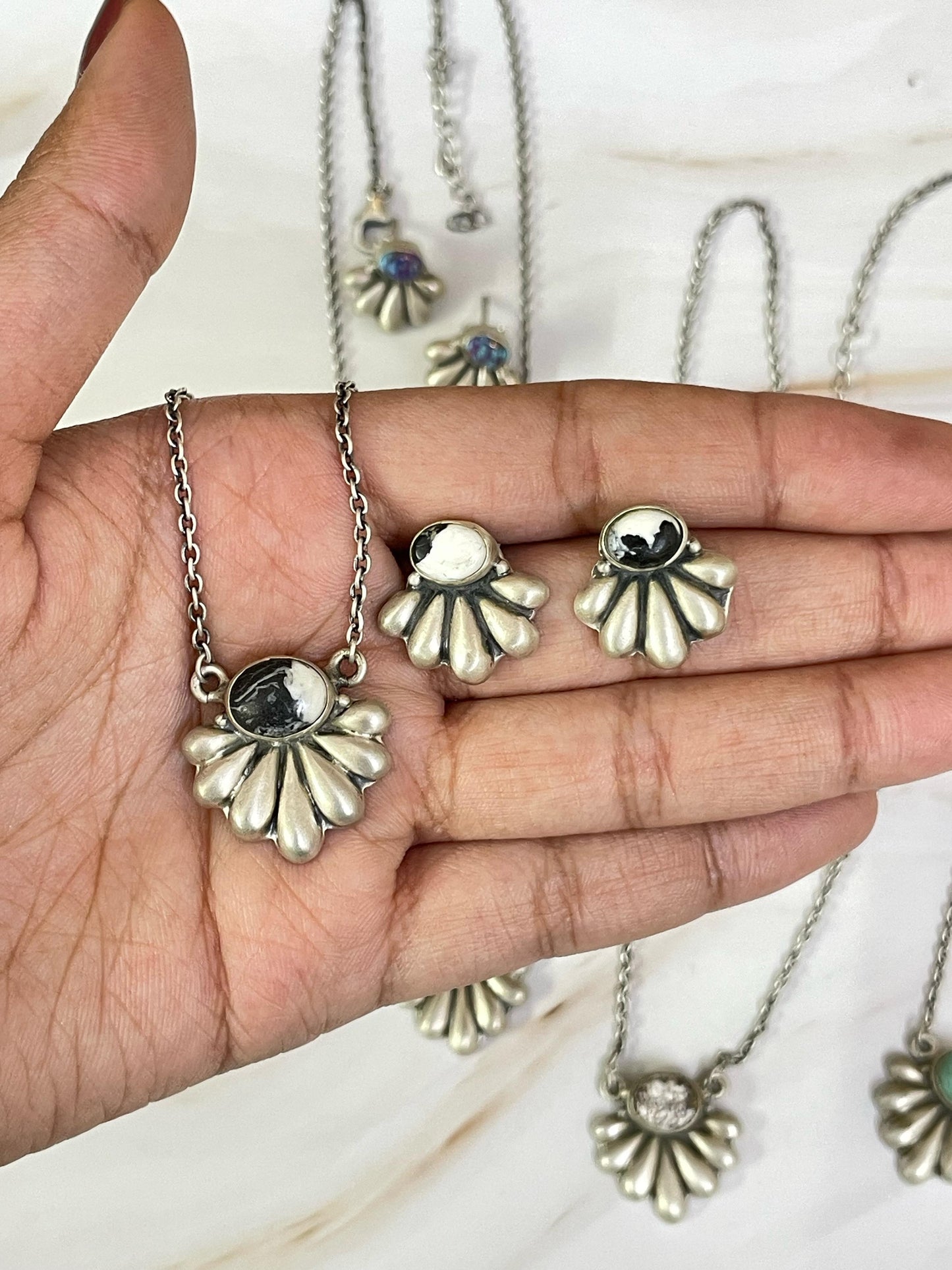 Handmade Sterling Silver kingman turquoise, Wild Horse, White Buffalo, Purple Mojave Turquoise Necklace Post Earring Set Signed Nizhoni