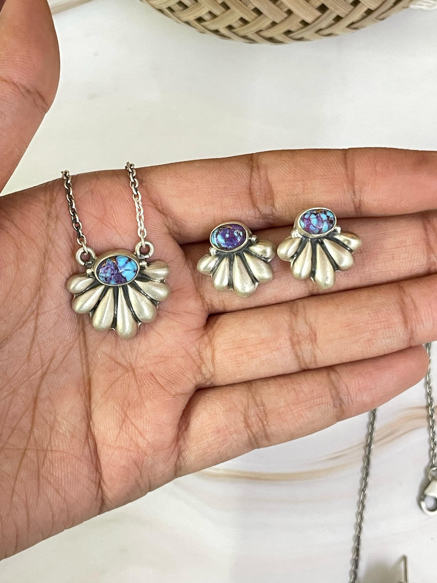 Handmade Sterling Silver kingman turquoise, Wild Horse, White Buffalo, Purple Mojave Turquoise Necklace Post Earring Set Signed Nizhoni
