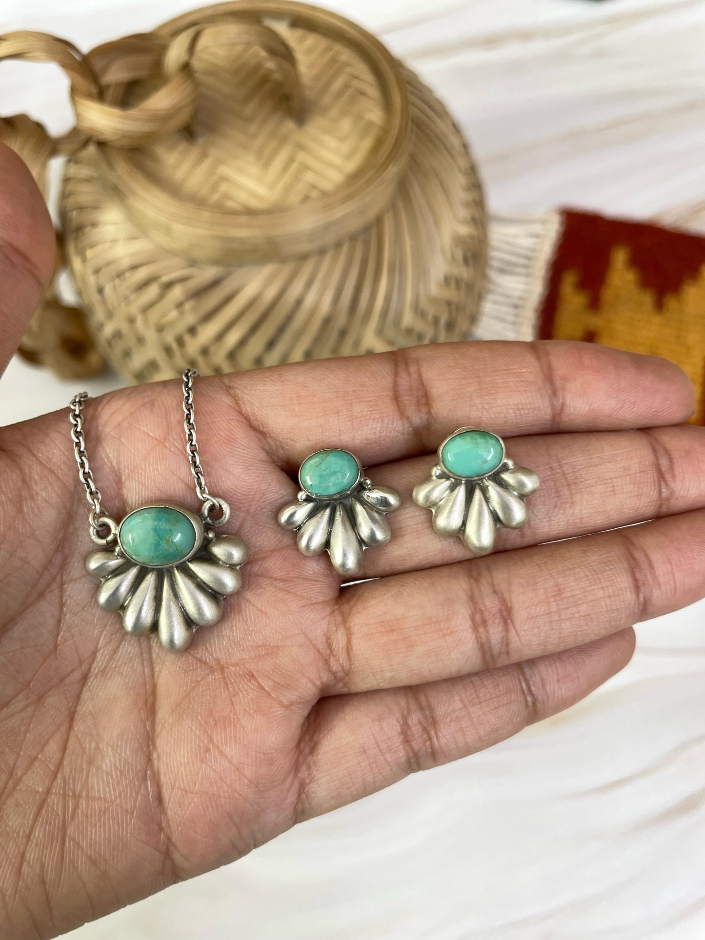 Handmade Sterling Silver kingman turquoise, Wild Horse, White Buffalo, Purple Mojave Turquoise Necklace Post Earring Set Signed Nizhoni