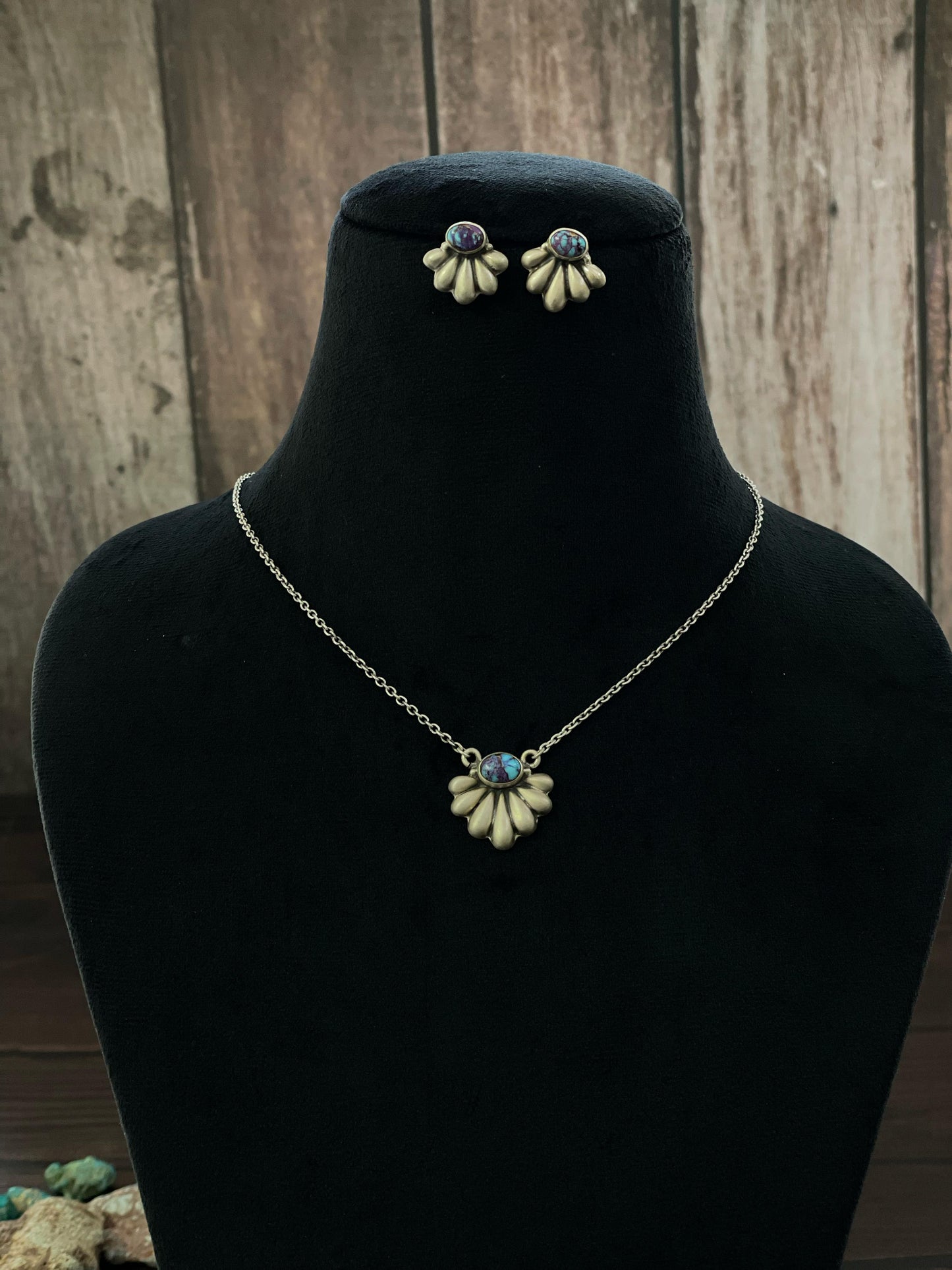 Handmade Sterling Silver kingman turquoise, Wild Horse, White Buffalo, Purple Mojave Turquoise Necklace Post Earring Set Signed Nizhoni