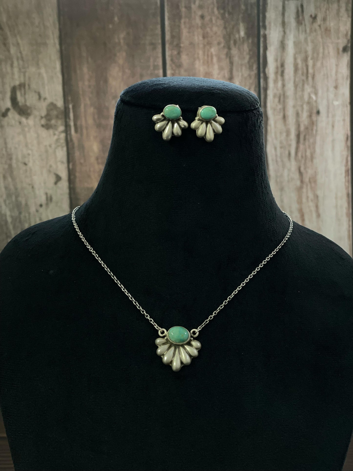 Handmade Sterling Silver kingman turquoise, Wild Horse, White Buffalo, Purple Mojave Turquoise Necklace Post Earring Set Signed Nizhoni