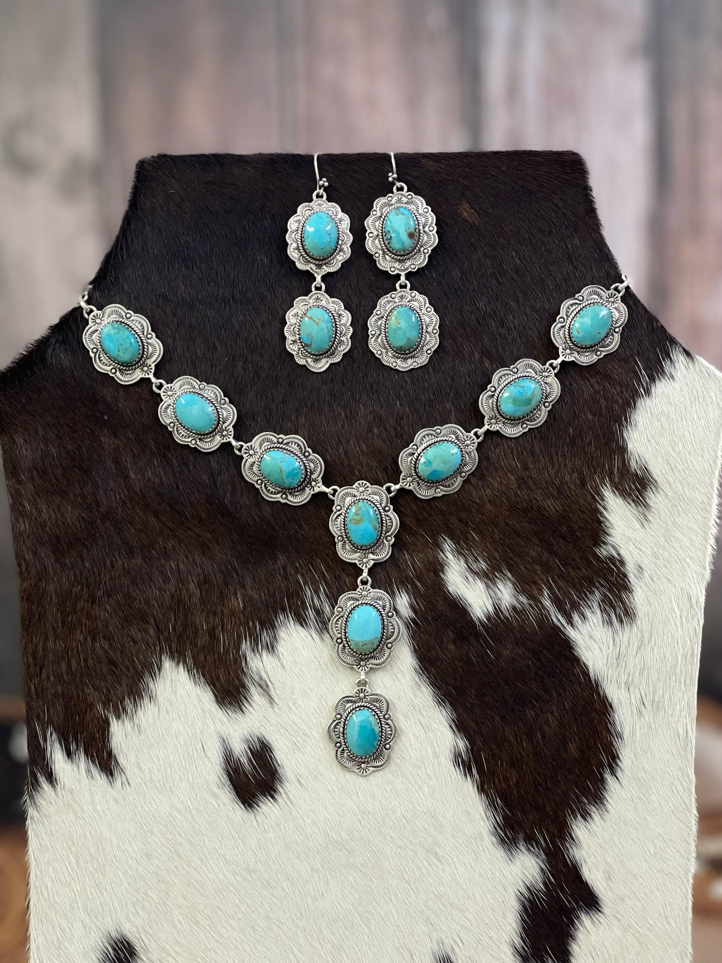 Handmade Sterling Silver Cotton Candy, Kingman Turquoise Necklace Dangle Earrings Set with Signed Nizhoni