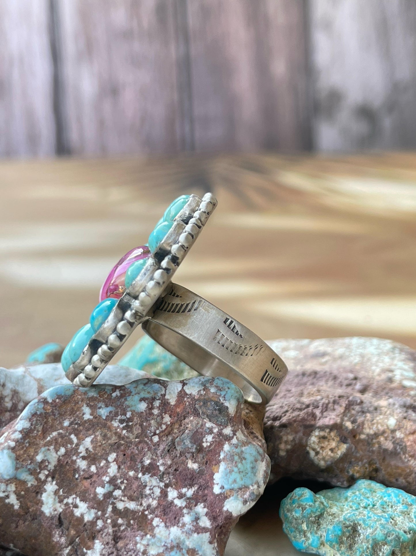 Handmade Sterling Silver Pink dream With Mojave Turquoise adjustable cluster ring , signed Nizhoni