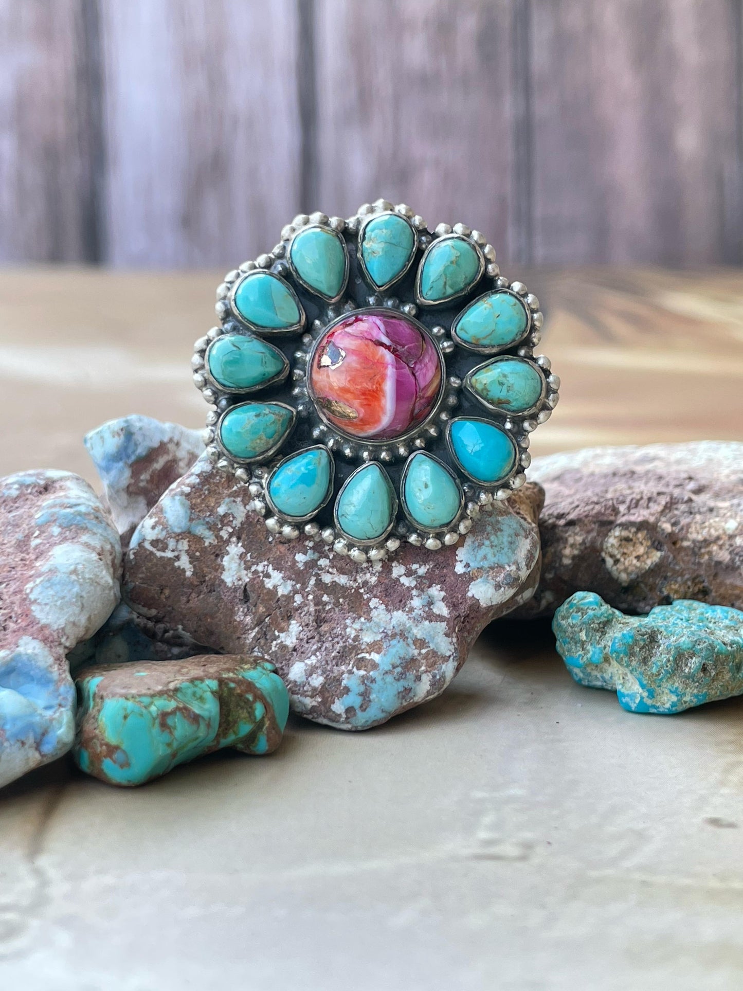 Handmade Sterling Silver Pink dream With Mojave Turquoise adjustable cluster ring , signed Nizhoni