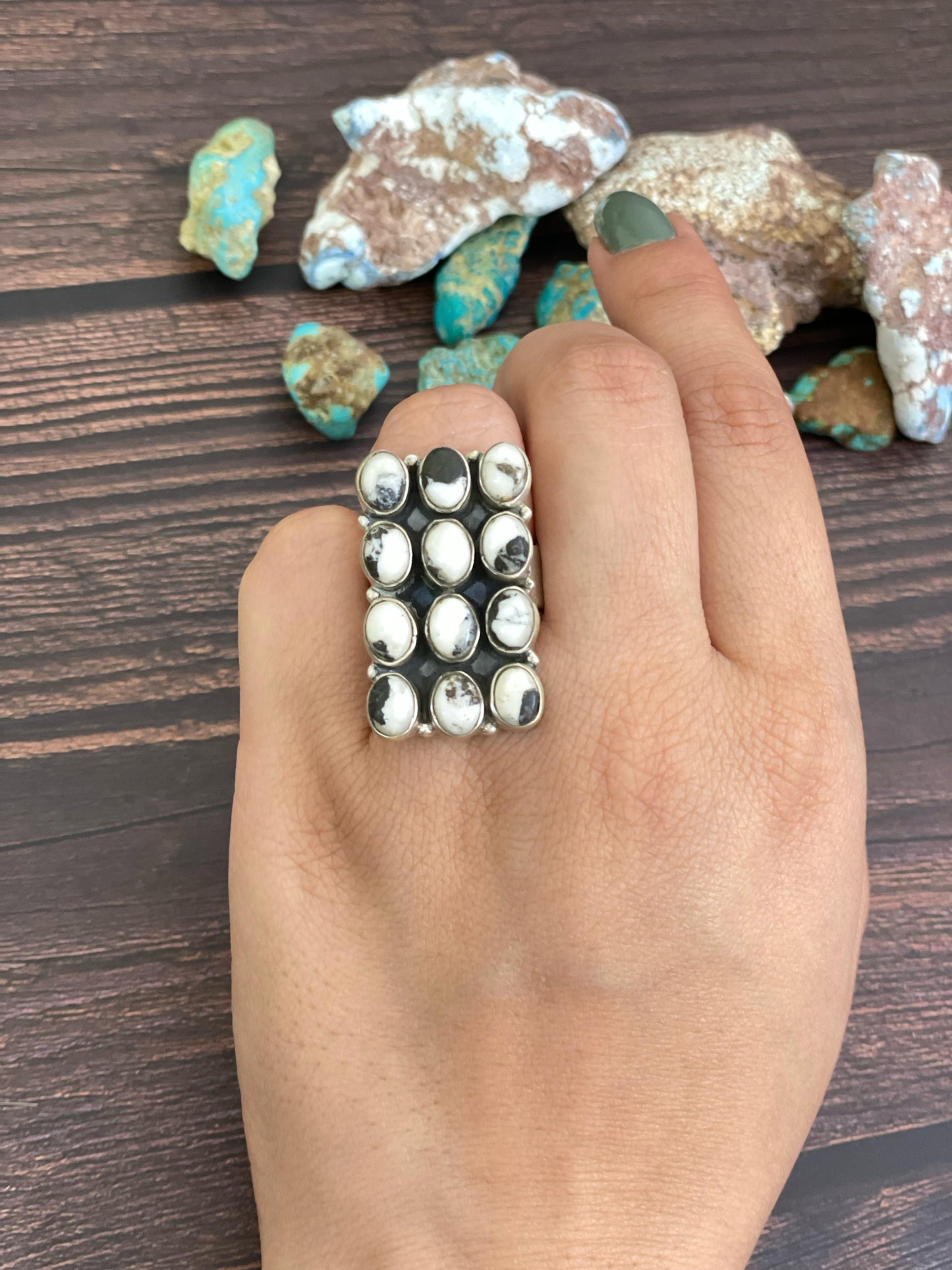 Handmade Sterling Silver Purple Mojave, White Buffalo, Mojave, Black Onyx Adjustable Ring, Signed Nizhoni