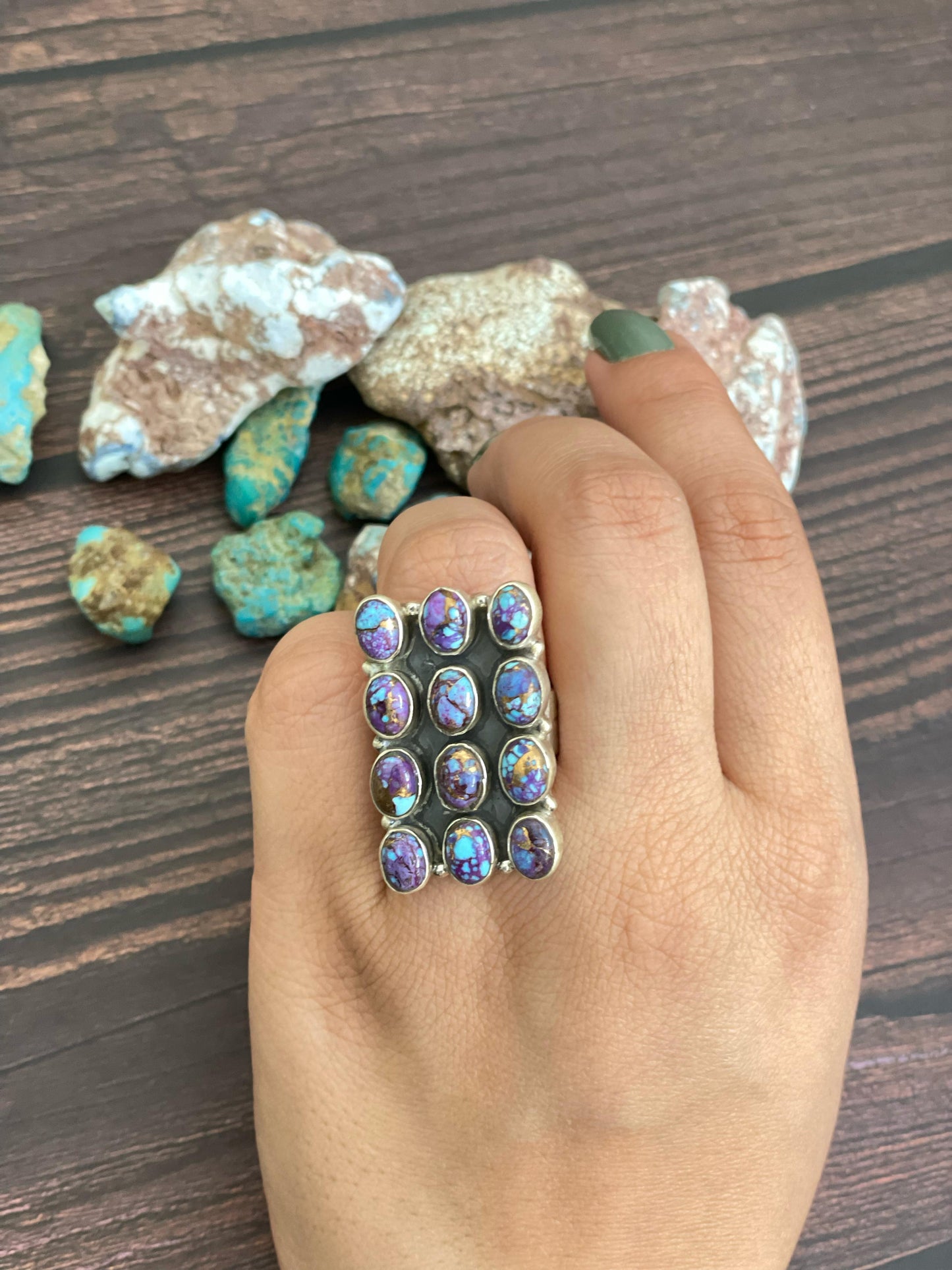 Handmade Sterling Silver Purple Mojave, White Buffalo, Mojave, Black Onyx Adjustable Ring, Signed Nizhoni