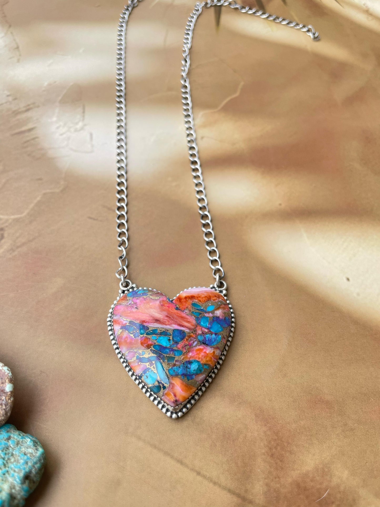 Handmade Sterling Silver Pink Dream Heart Necklace, Signed Nizhoni