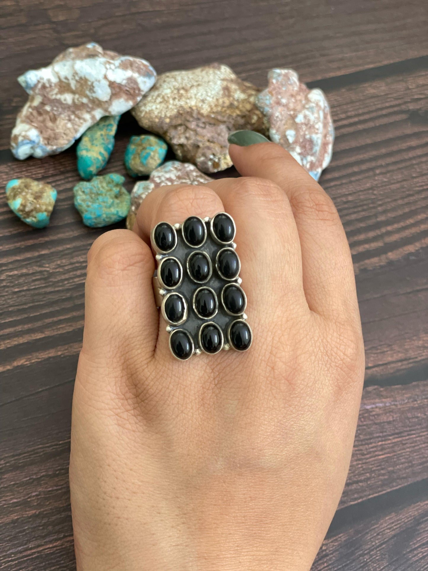 Handmade Sterling Silver Purple Mojave, White Buffalo, Mojave, Black Onyx Adjustable Ring, Signed Nizhoni