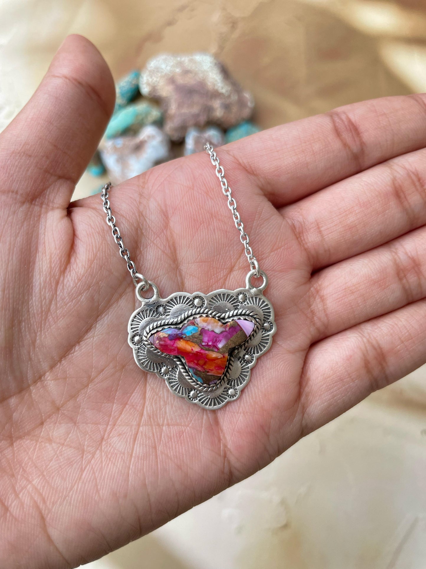 Handmade Sterling Silver Pink Dream Cow Head Necklace, Signed Nizhoni