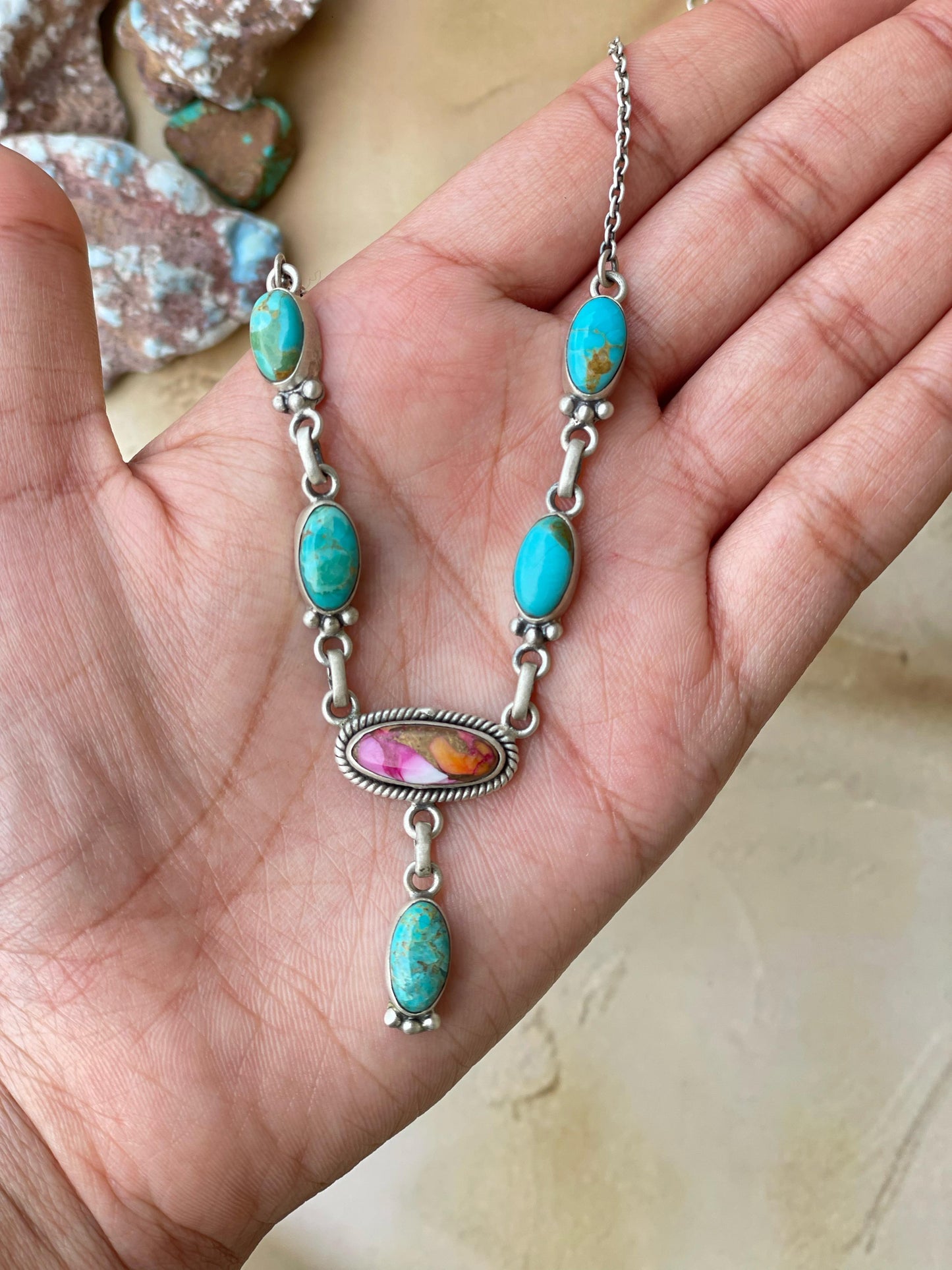 Handmade Sterling Silver Pink Dream with Mojave Necklace, Signed Nizhoni