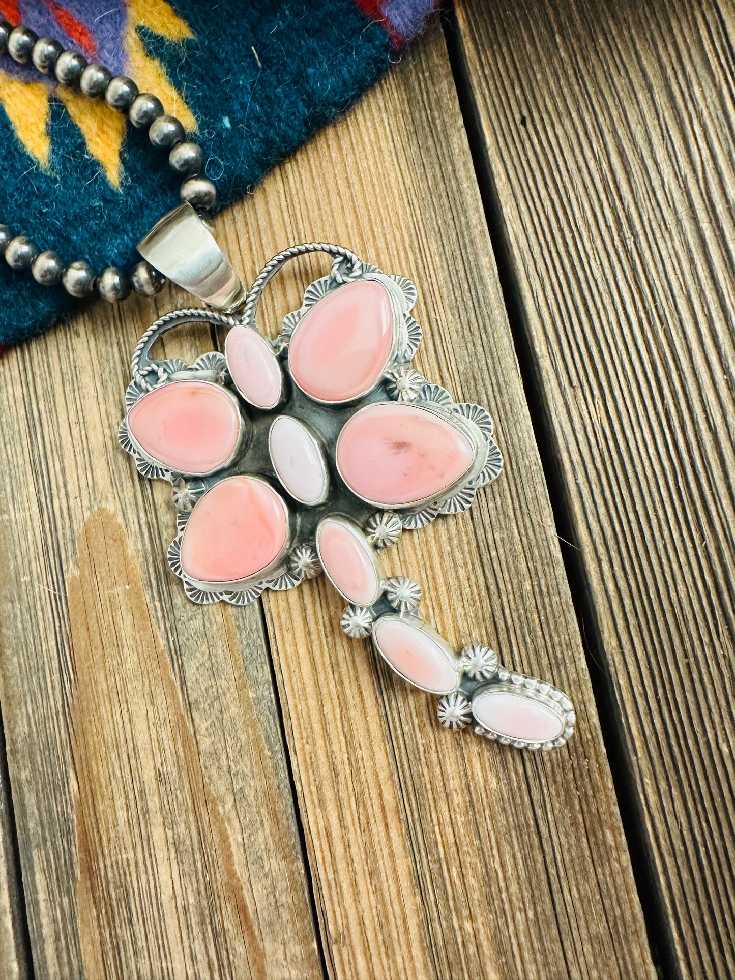 Navajo Queen Pink Conch & Sterling Silver Dragonfly Pendant By Tina Benally