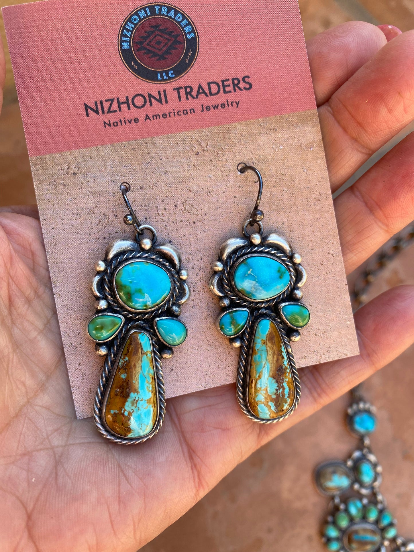 Navajo Sterling Silver, Ribbon and Sonoran Turquoise Necklace and Earring Set by Diane Wylie