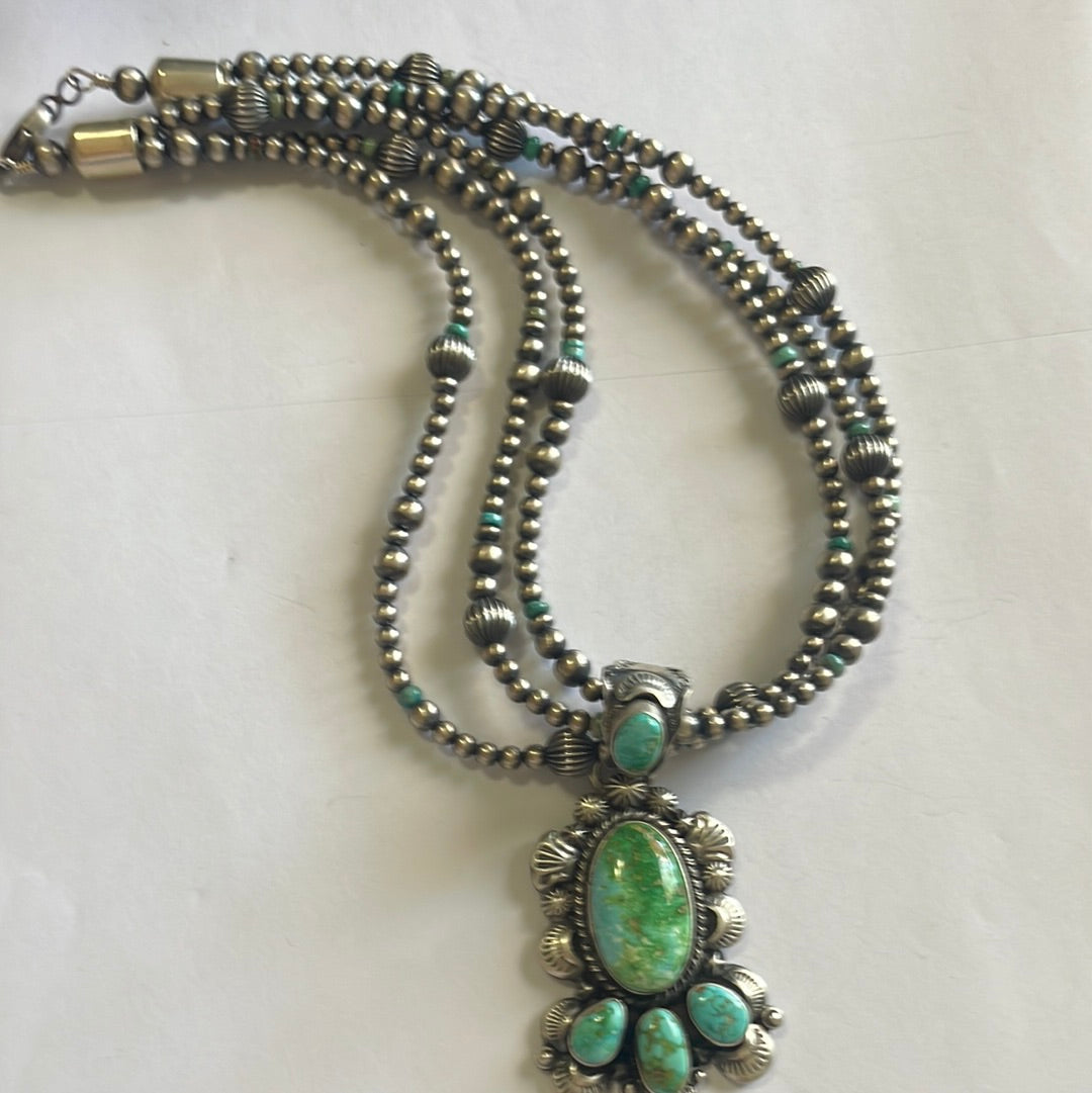 Beautiful Navajo Sterling Silver 3 Strand Beaded Turquoise Necklace With Pendant Signed Gilbert Tom