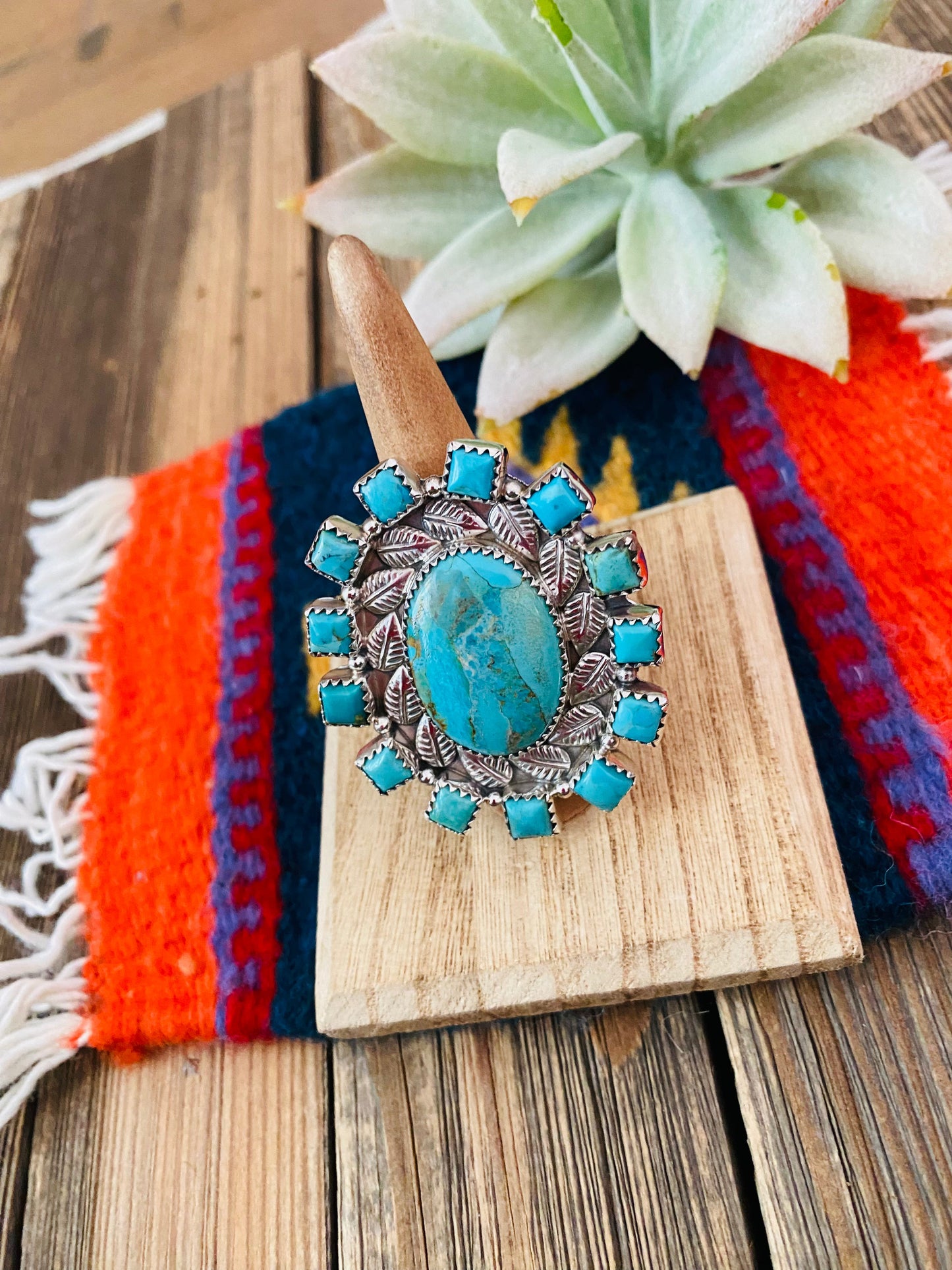 Handmade Sterling Silver & Turquoise Cluster Adjustable Ring