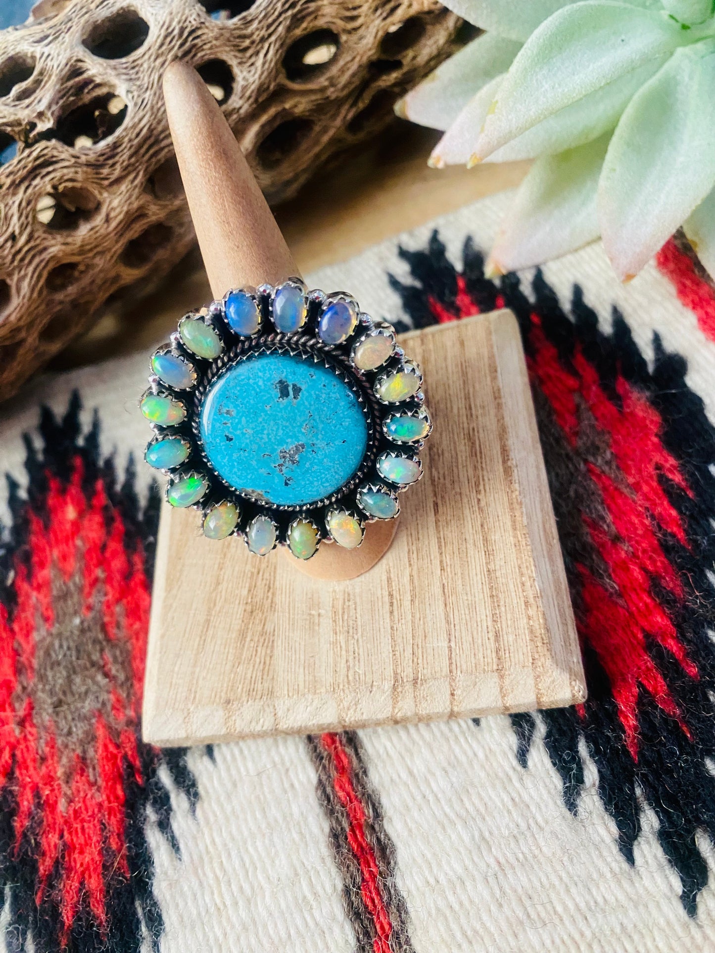 Handmade Sterling Silver, Turquoise & Opal Cluster Adjustable Ring