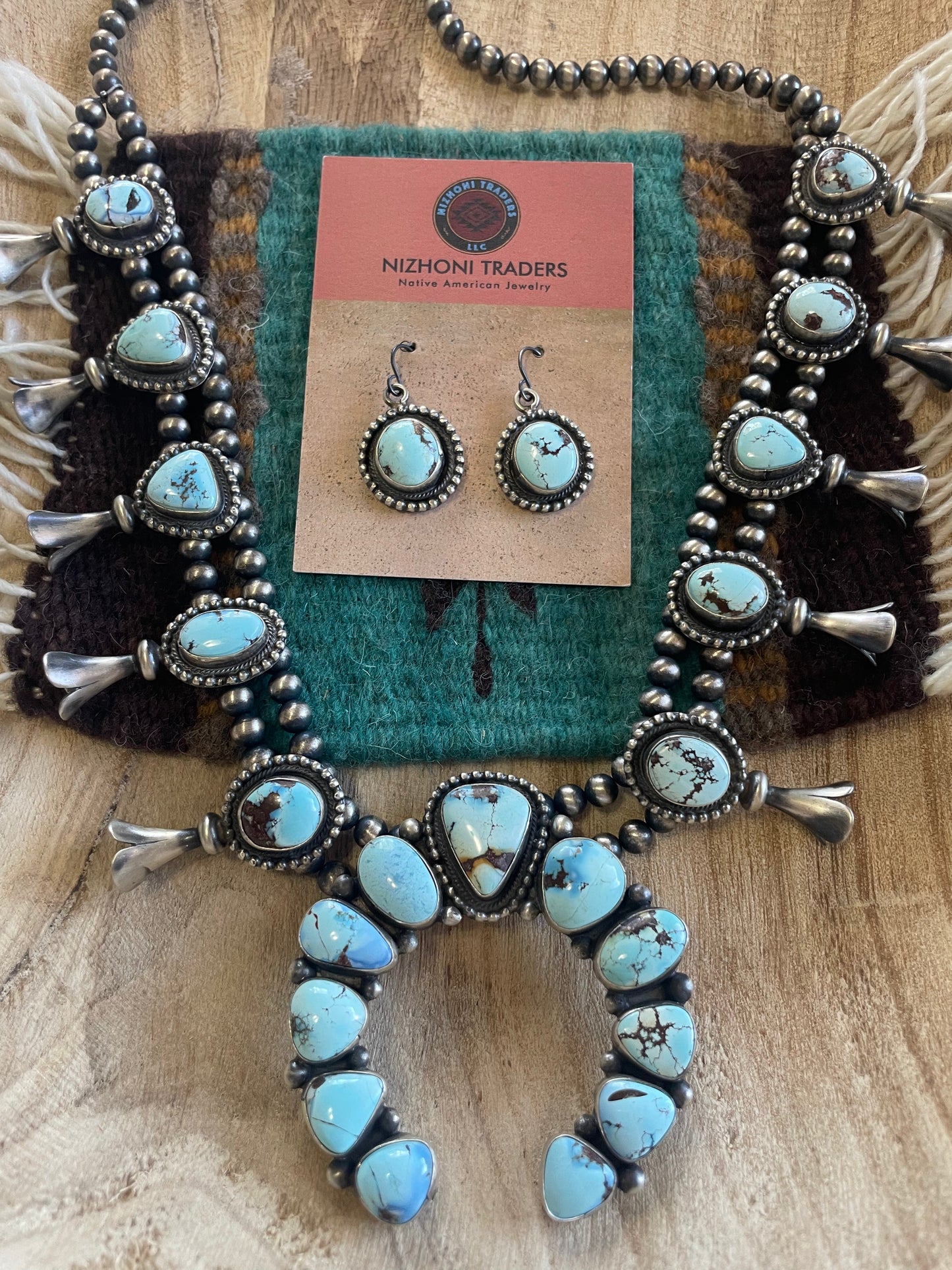 Navajo Golden Hills Turquoise & Sterling Squash Blossom Set Signed B Johnson