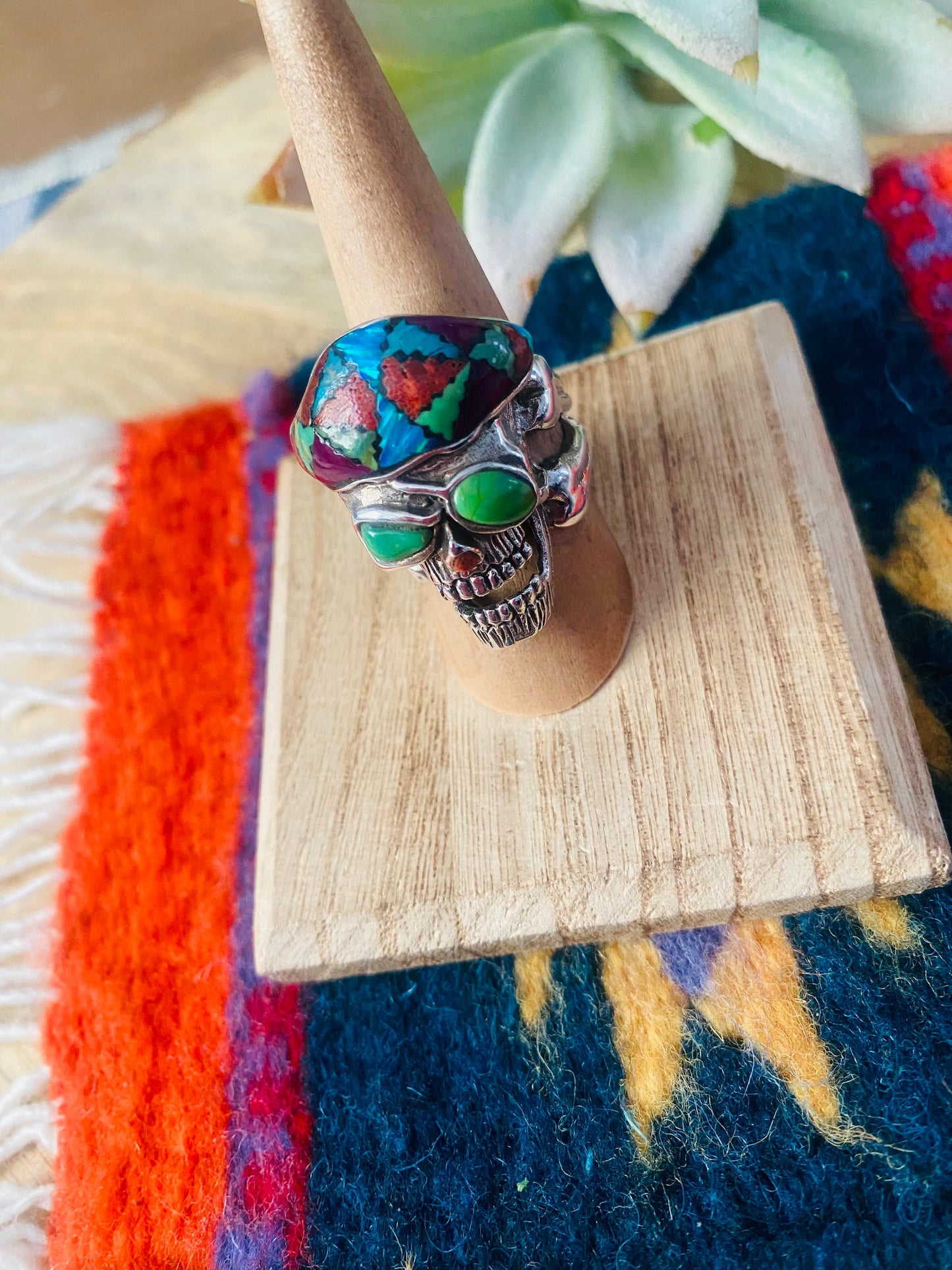 Handmade Sterling Silver & Multi Stone Inlay Skull Ring Size 8