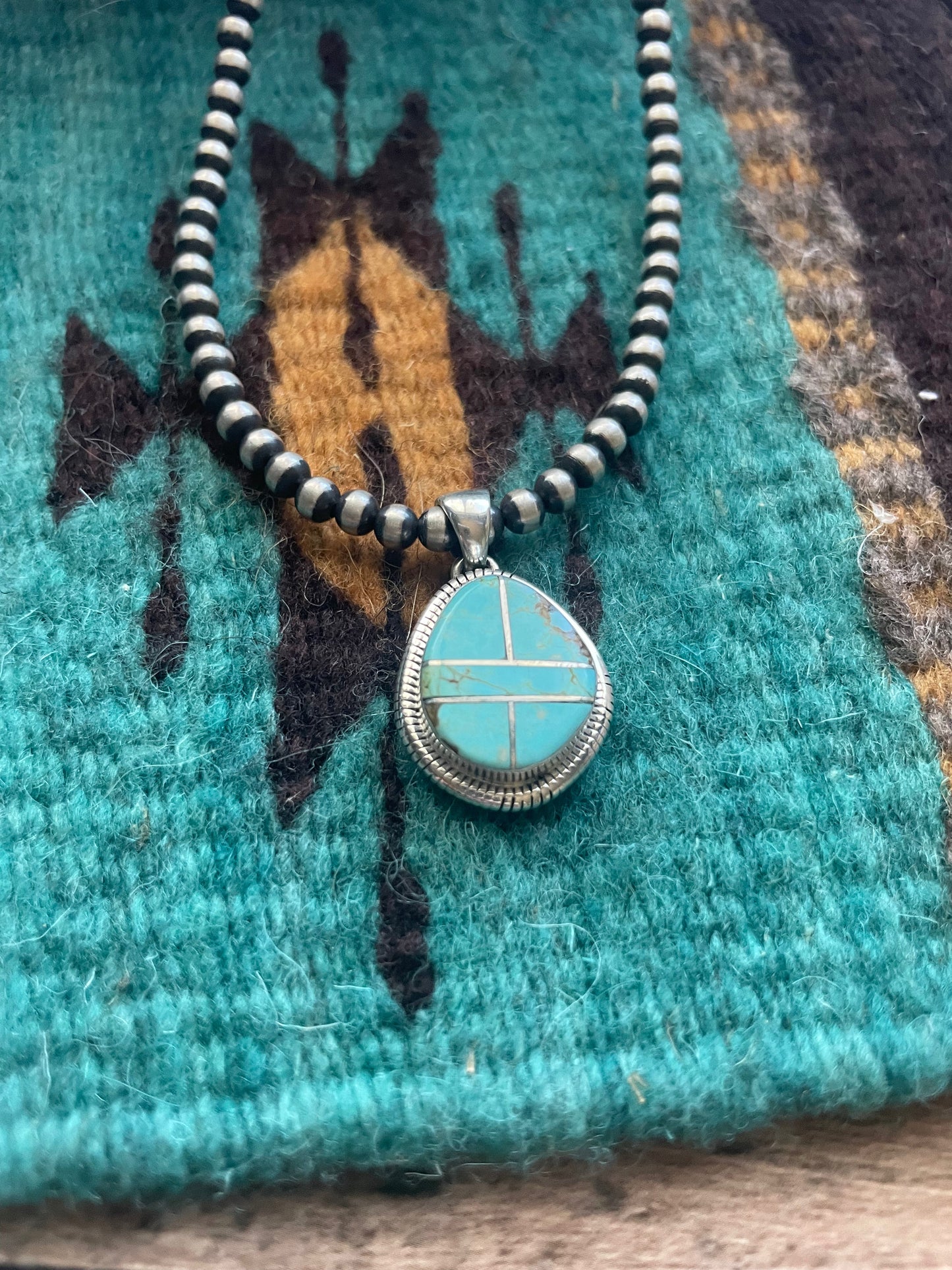 Navajo Number 8 Turquoise Inlay & Sterling Silver Pendant Signed