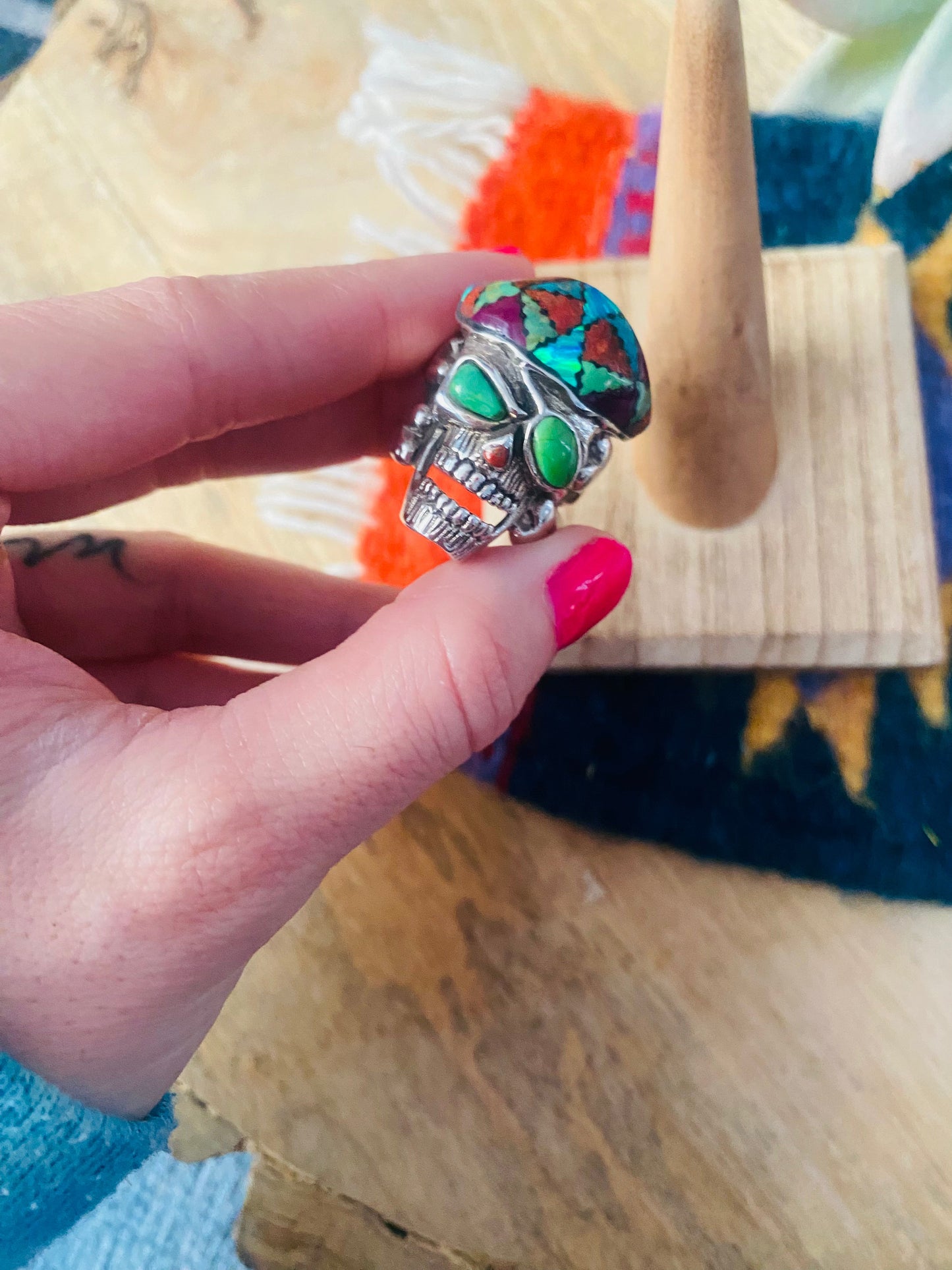 Handmade Sterling Silver & Multi Stone Inlay Skull Ring Size 8