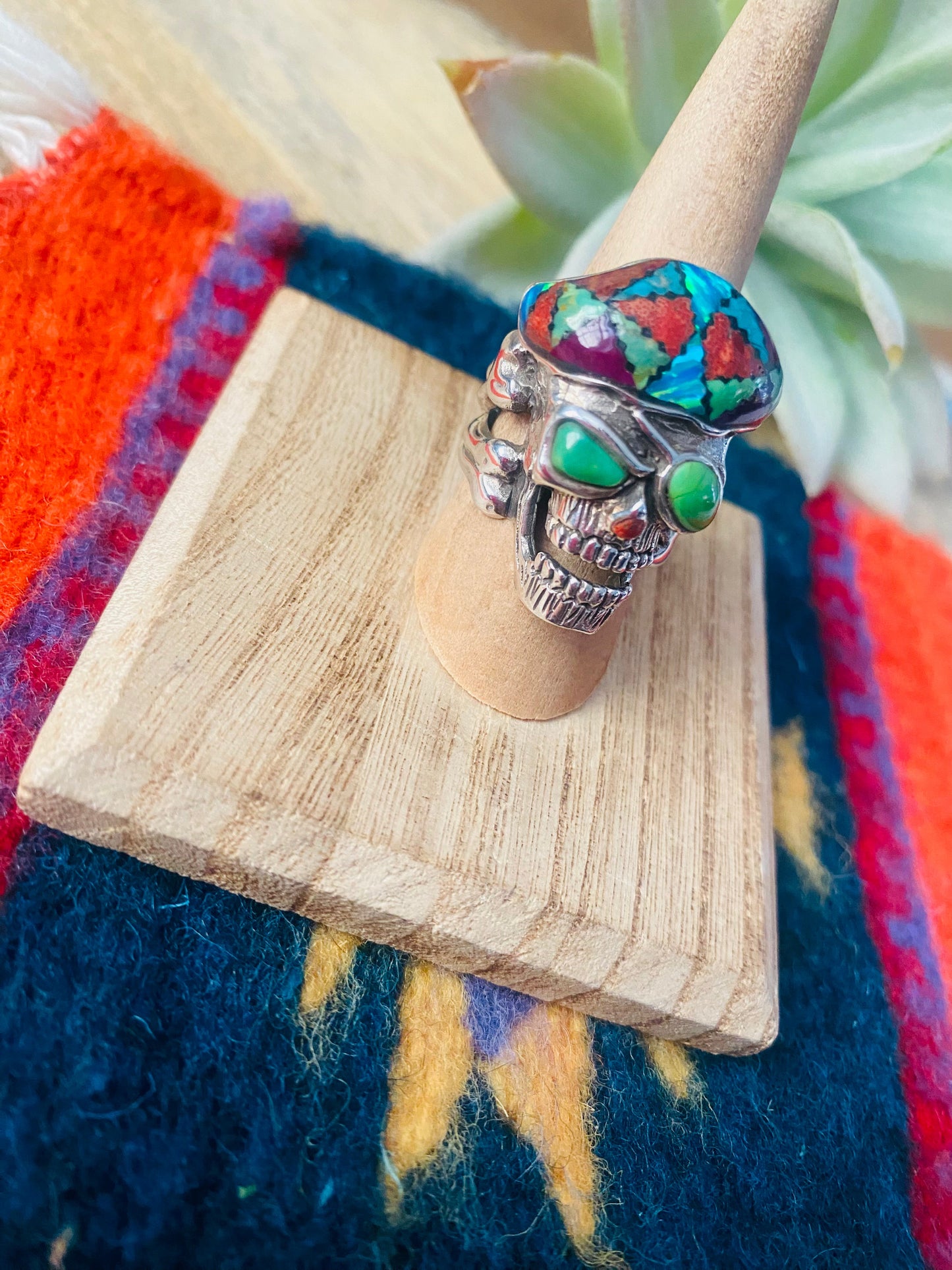 Handmade Sterling Silver & Multi Stone Inlay Skull Ring Size 8