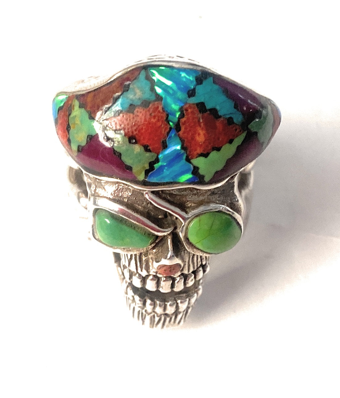 Handmade Sterling Silver & Multi Stone Inlay Skull Ring Size 8