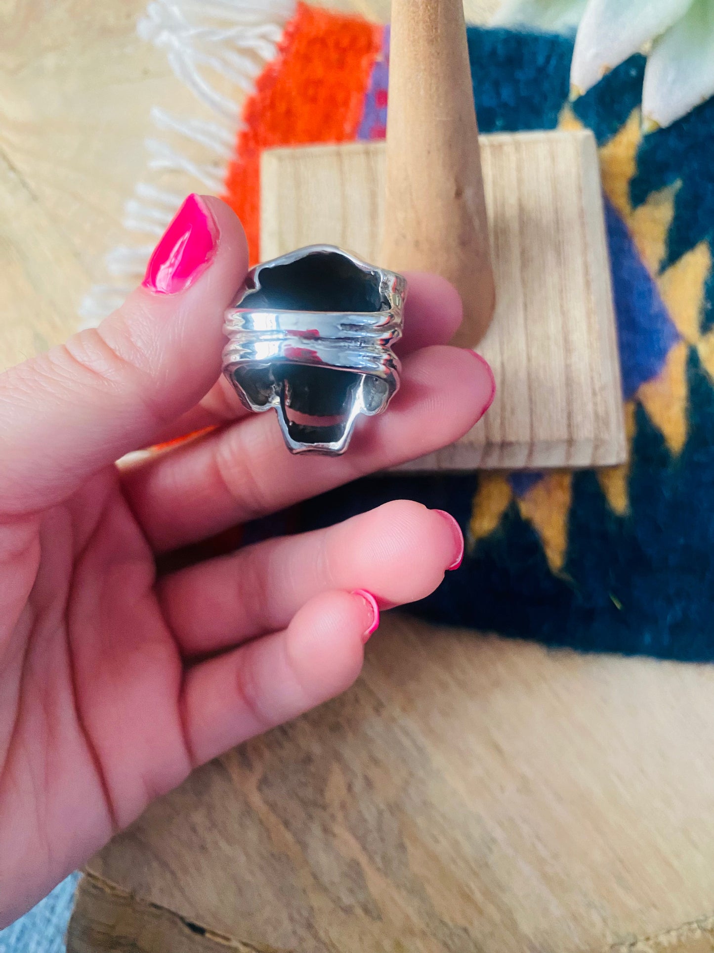 Handmade Sterling Silver & Multi Stone Inlay Skull Ring Size 8