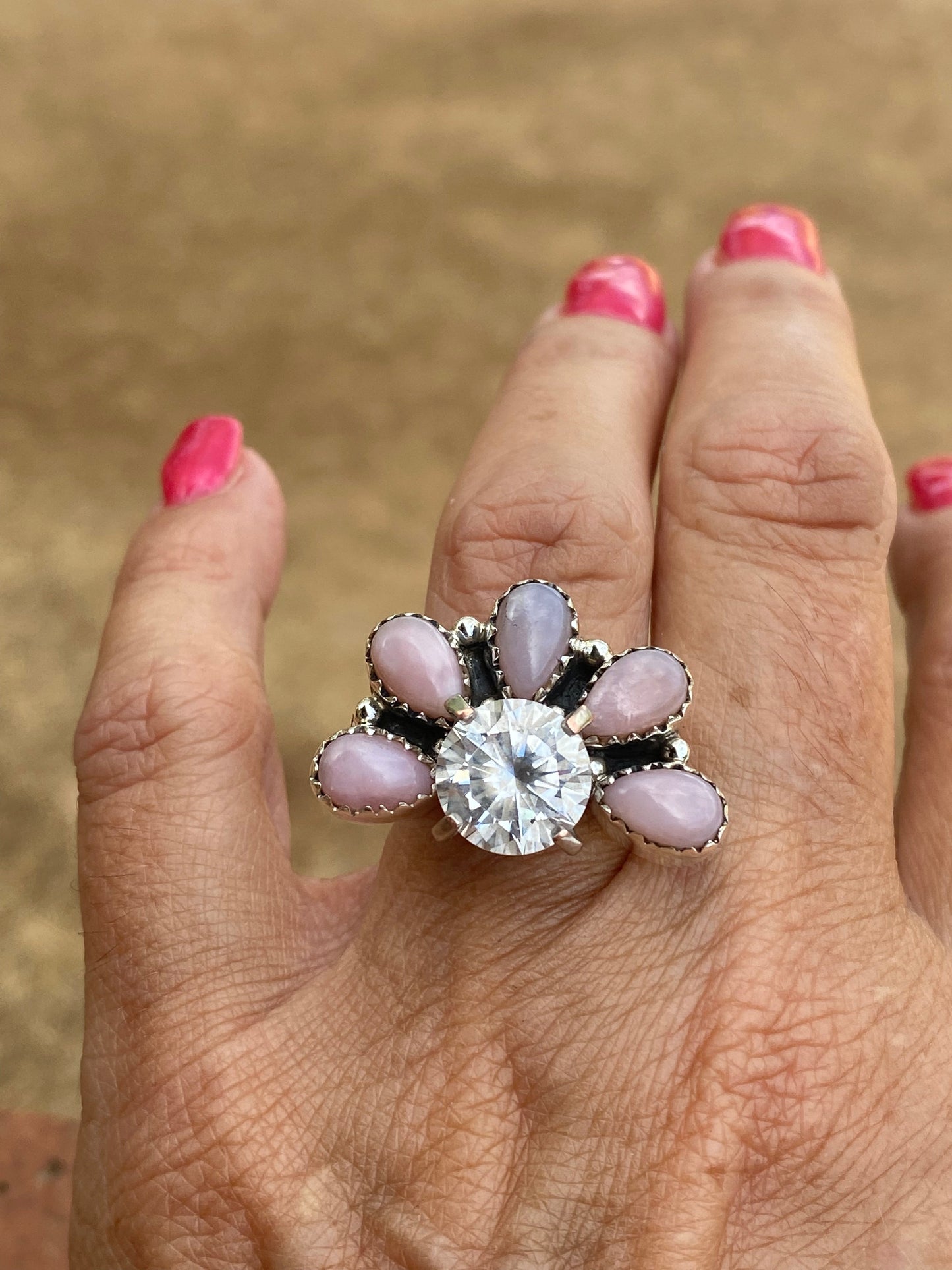 Pink Opal & Sterling Silver Diamond Wrap Ring